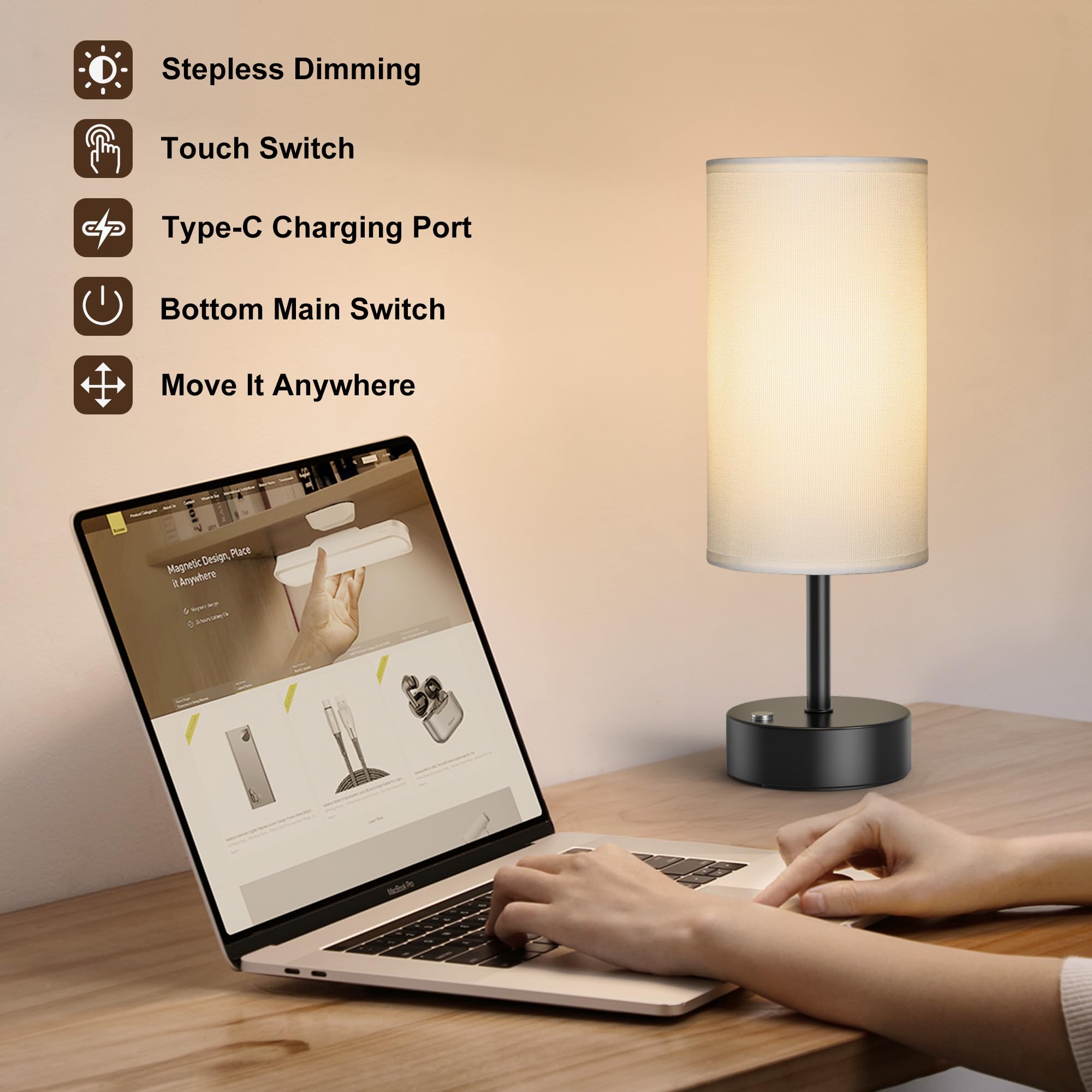 ROTTOGOON Cordless Table Lamp Touch Control Dimmable Rechargeable Metal Bedside Lamp Black