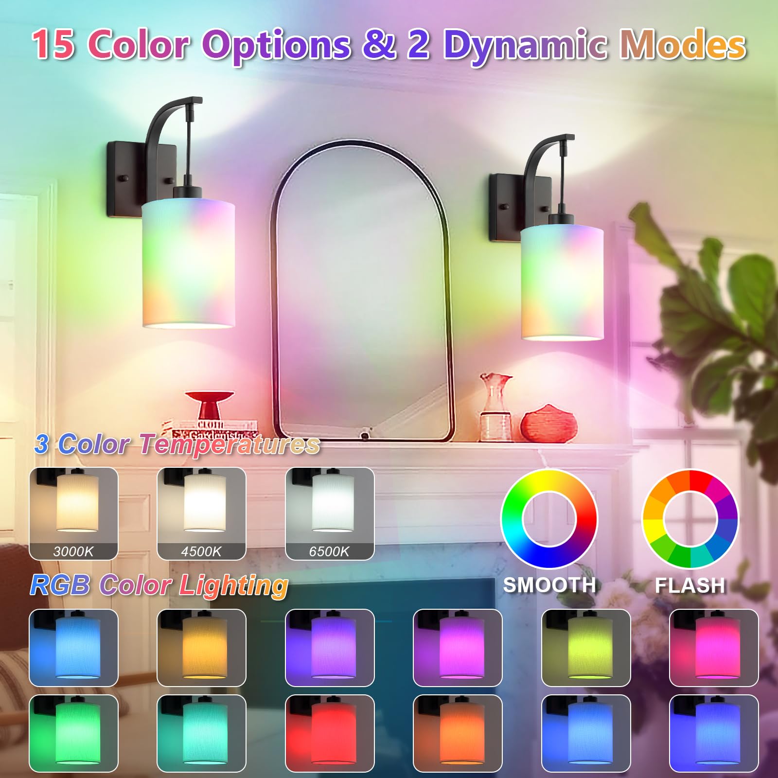CNOIJUTS Battery Operated Wall Sconces Set of 2, Black, Rechargeable with Remote, 15 Colors Dimmable, Model W250301RC