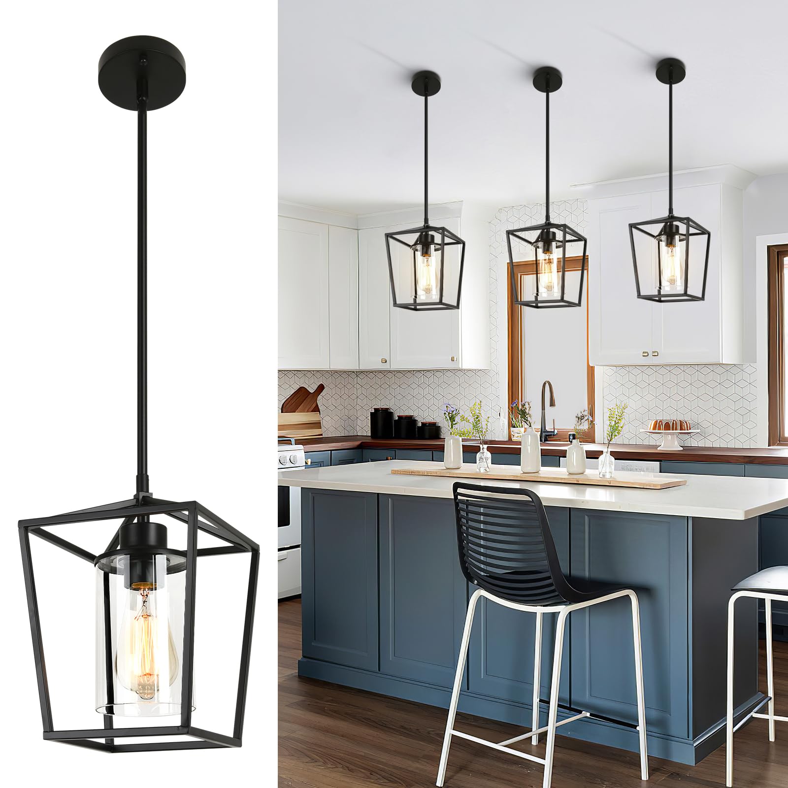 GZJunYo 3 Pack Black Pendant Lights for Kitchen Island, 1-Light Farmhouse Metal Pendant Light Cage Kitchen Hanging Light Fixture