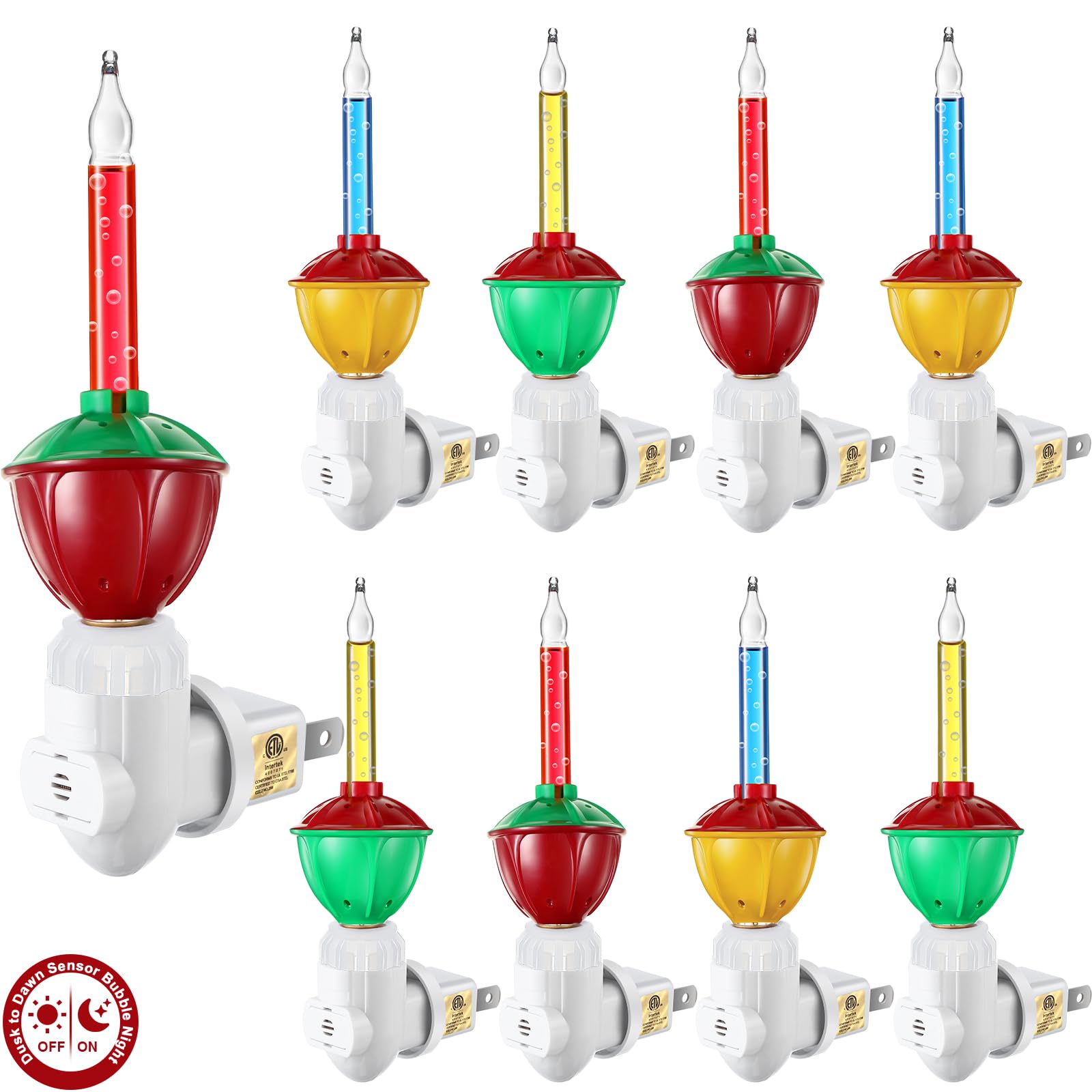 Feekoon 9 Pack Christmas Bubble Night Light with Dusk to Dawn Sensor, Traditional Multi Color Bubble Fluid Lights, Christmas Bub