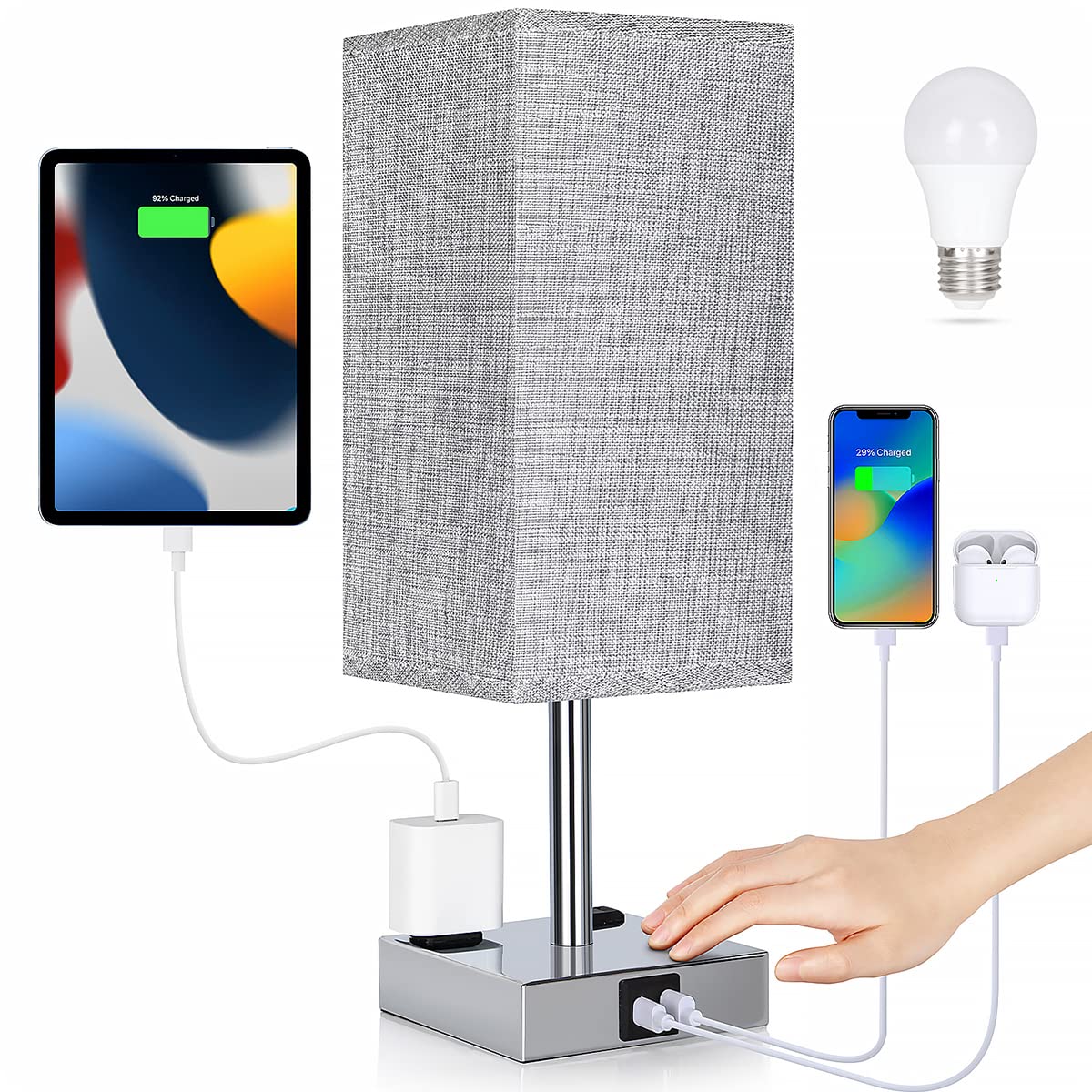 Bedside Lamp with USB Ports - Touch Control Table Lamp for Bedroom with USB C+A Charging Ports & AC Outlets, 3 Way Dimmable Nigh