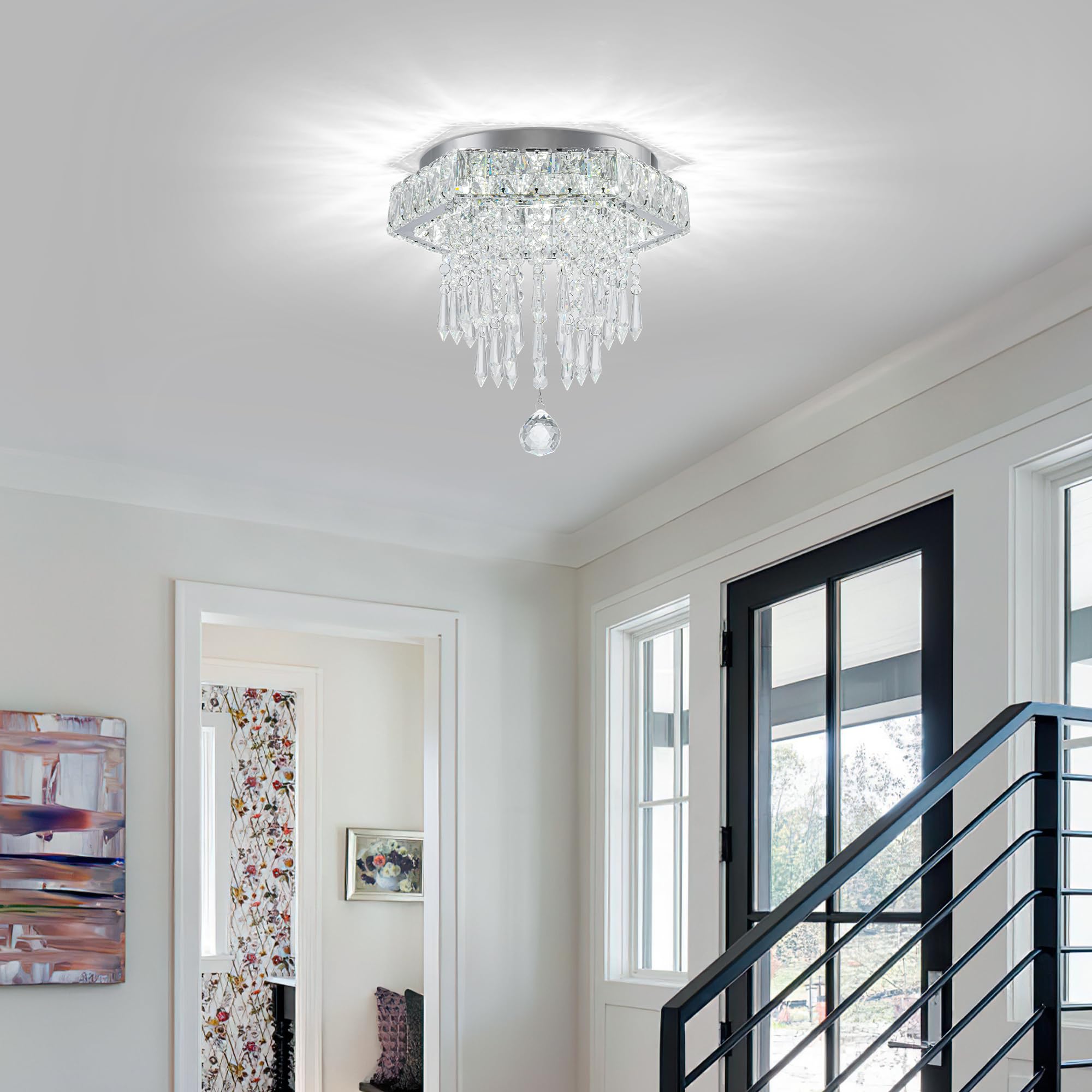 HomLaiting Crystal Semi Flush Mount Ceiling Light Fixture 11.8in Hexagon 6500K Chandelier for Bedroom and Dining Room