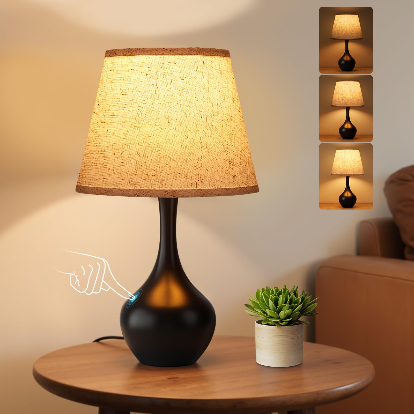 Seealle 16.1 Touch Table Lamps for Nightstand  3-Way Dimmable Small Bedroom Lamps for Night Stands  Black Bedside Lamps for Living Room  Kids Room  End Table