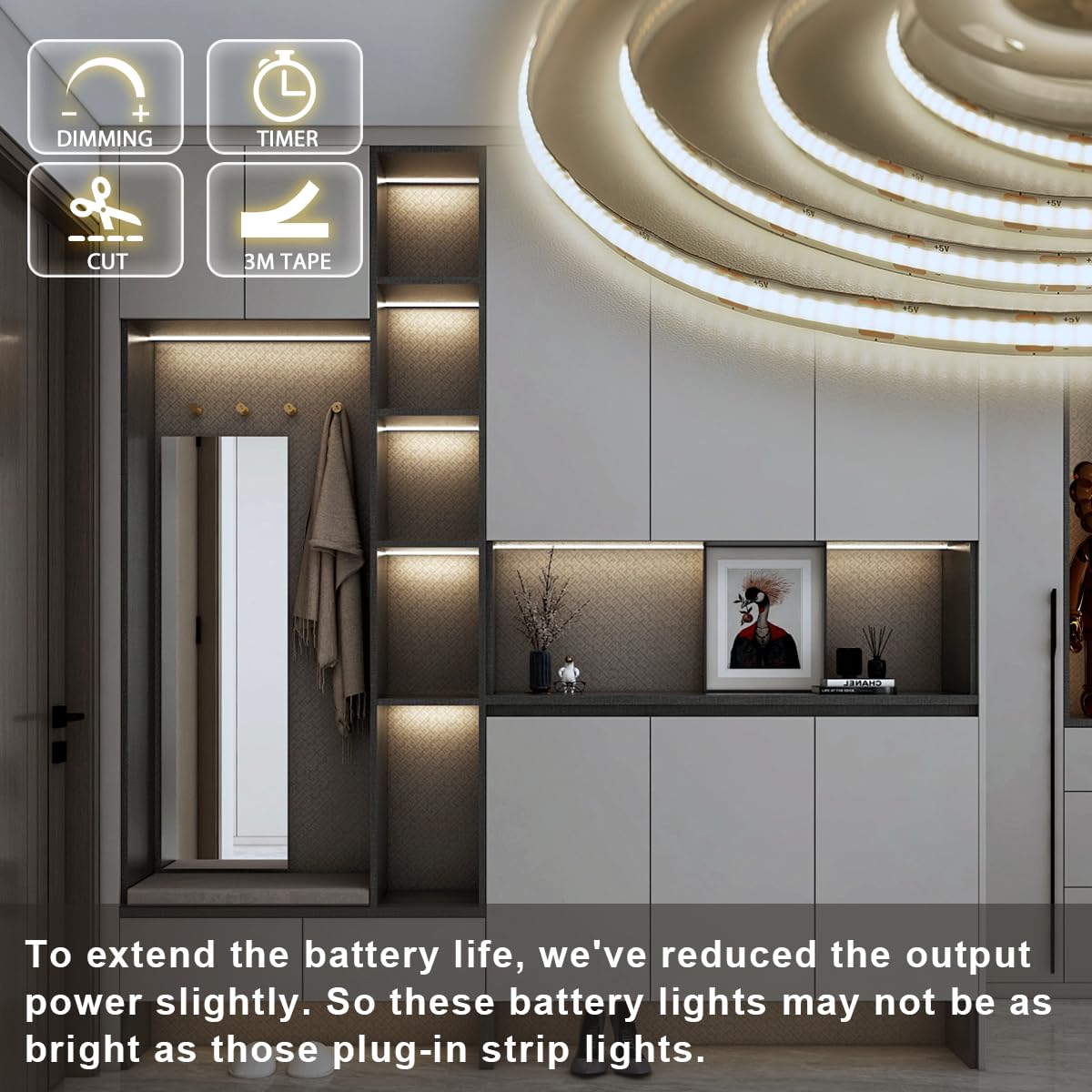 OMIKA COB LED Light Strip, 6.56FT, 640LED, 4000K Natural White, Battery Powered, Remote Control, 2 Pack