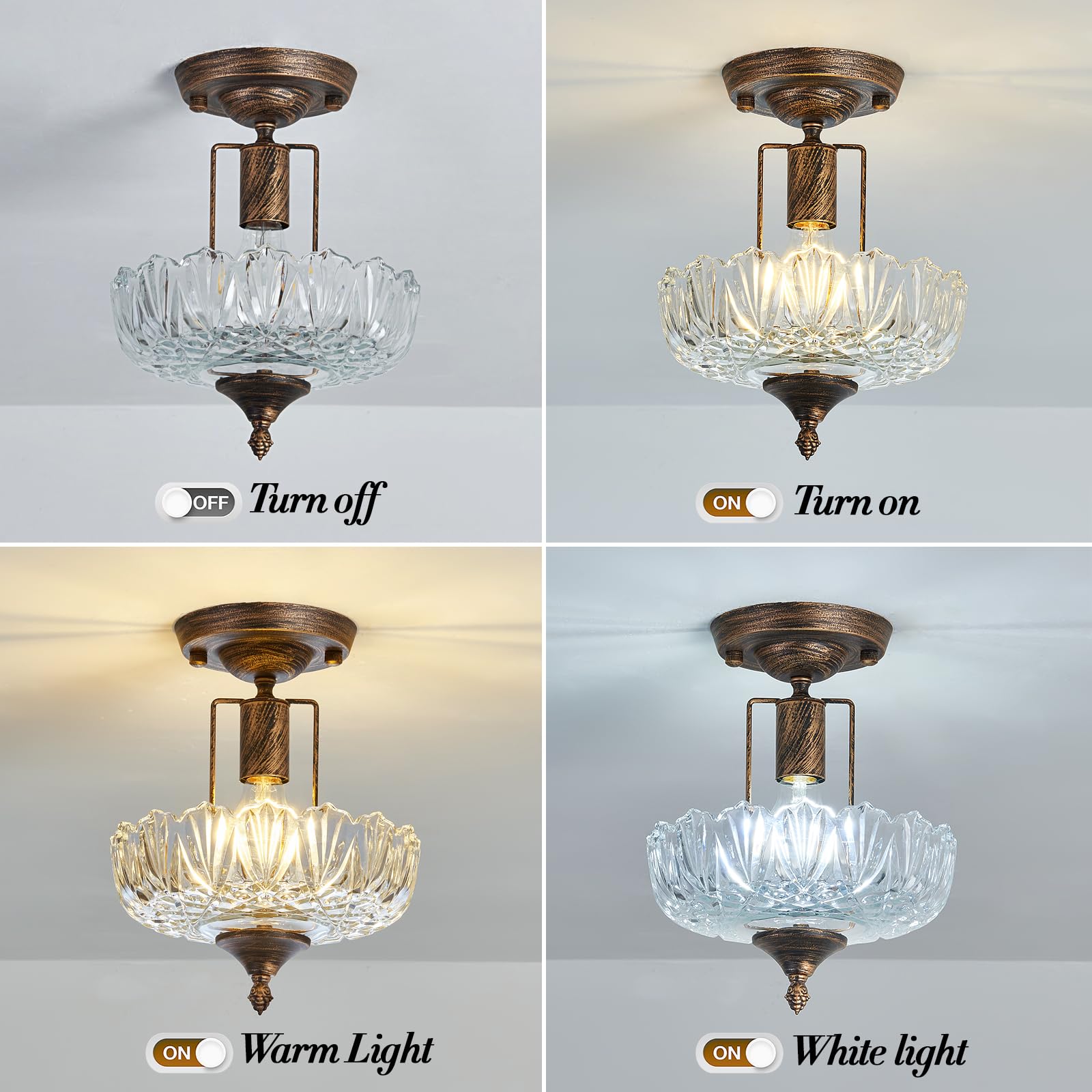 Uofus Glass Ceiling Light Fixture Vintage Small Semi Flush Mount Chandelier Oil Rubbed Bronze Mini E26 Ceiling Lamp For Hallway