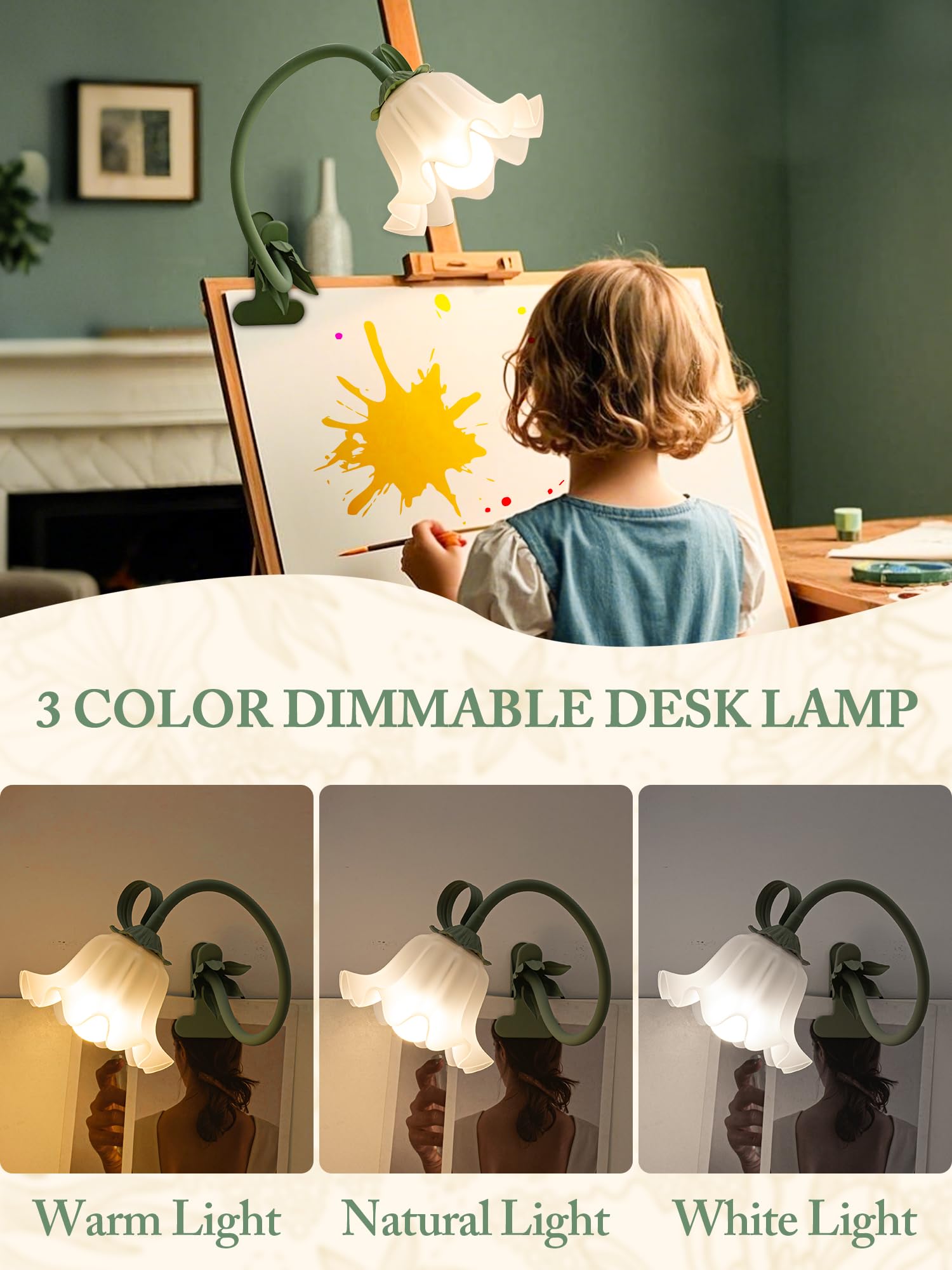 Flower Desk Lamp,Led Reading Light 360Rotation Clip On Lamps,Vintage Flower Bedside Night Light,3 Colors Modes Book Lights Decor