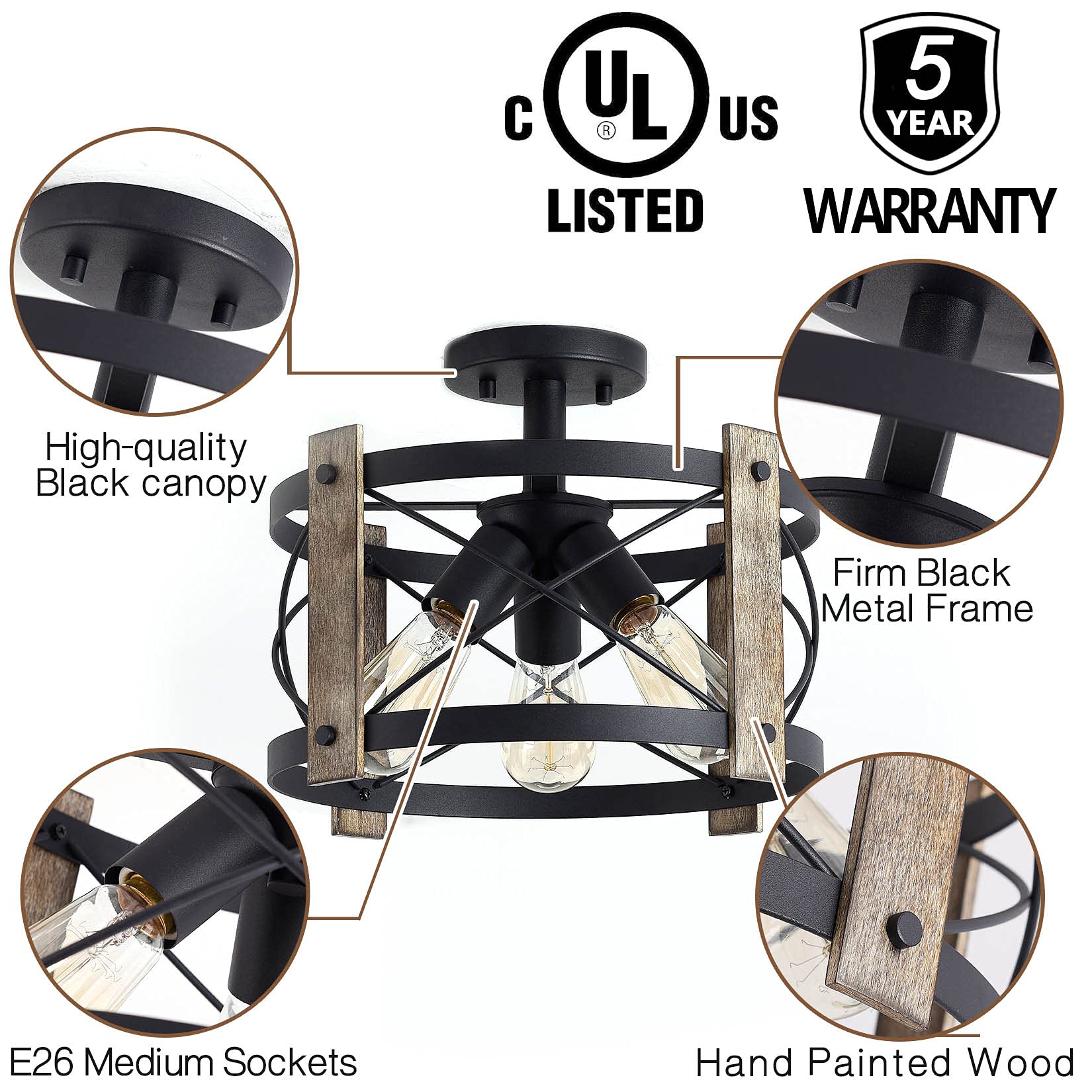 Bargeni 13-inch Flush Mount Light Fixture, 3-Light Rustic Ceiling Light, Matte Black Finish, Wood Metal, Ideal for Living Room and Kitchen