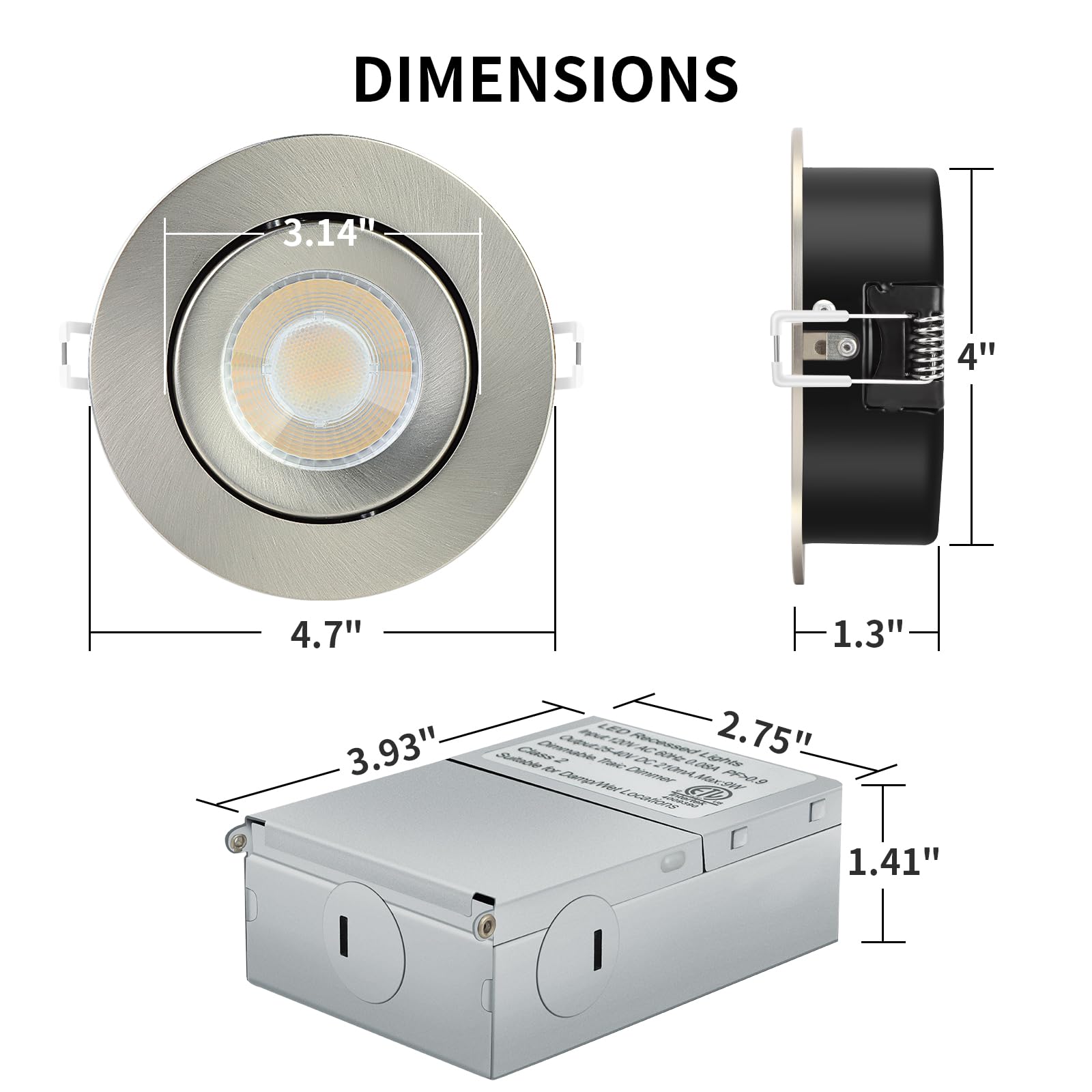 KnLnny Ware 4 Inch Brushed Nickel Recessed Lights, 6 Pack, Dimmable, 9W 750LM, 5CCT Selectable, Adjustable, with Night