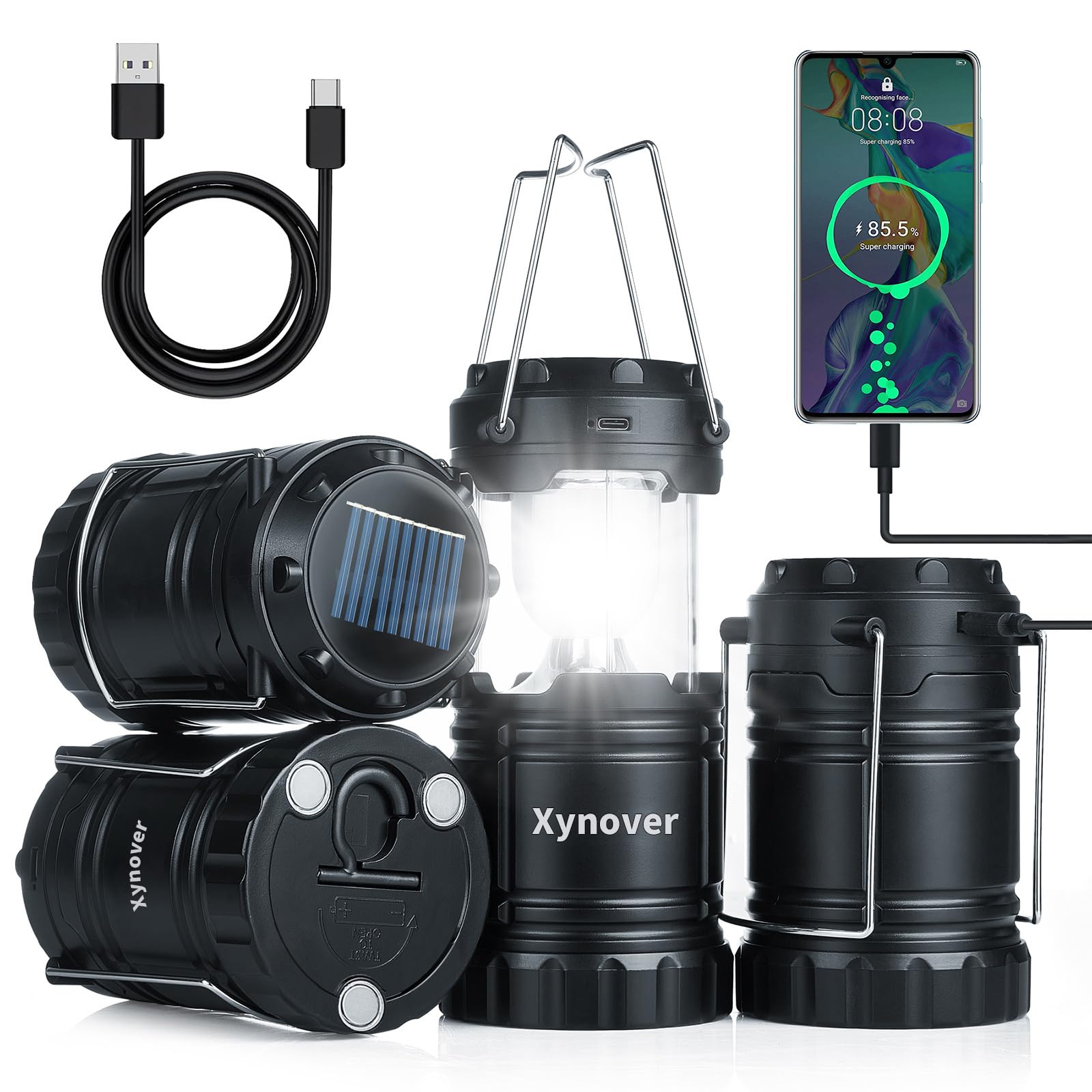 Xynover 4-Pack Solar Camping Lanterns - Rechargeable LED with USB/Solar/AA Battery | Magnetic Base & Hanging Hook | Collapsible,
