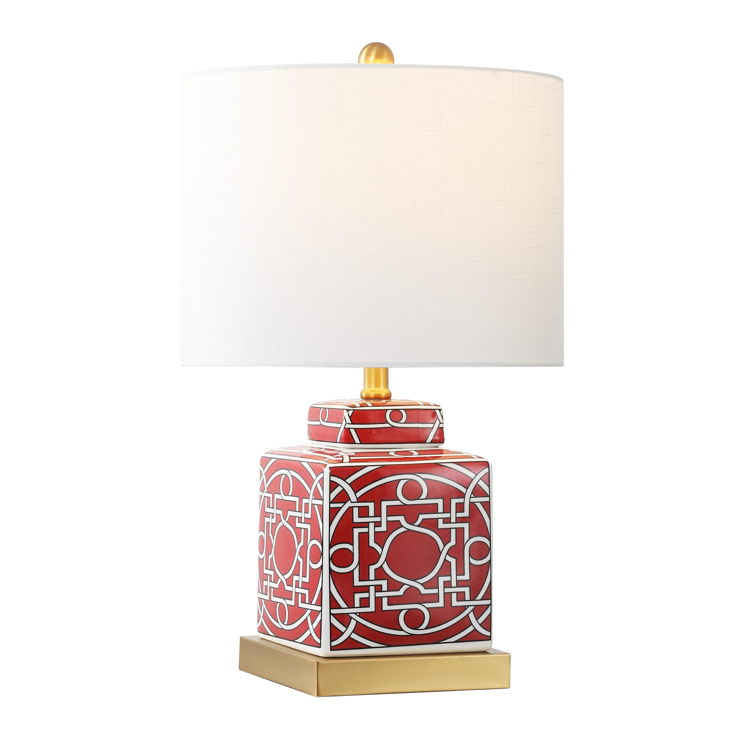 JONATHAN Y 22 Red/White Modern Ceramic Ginger Jar Table Lamp for Nightstand, Square Lattice Transitional Chinoiserie Lamp for Li