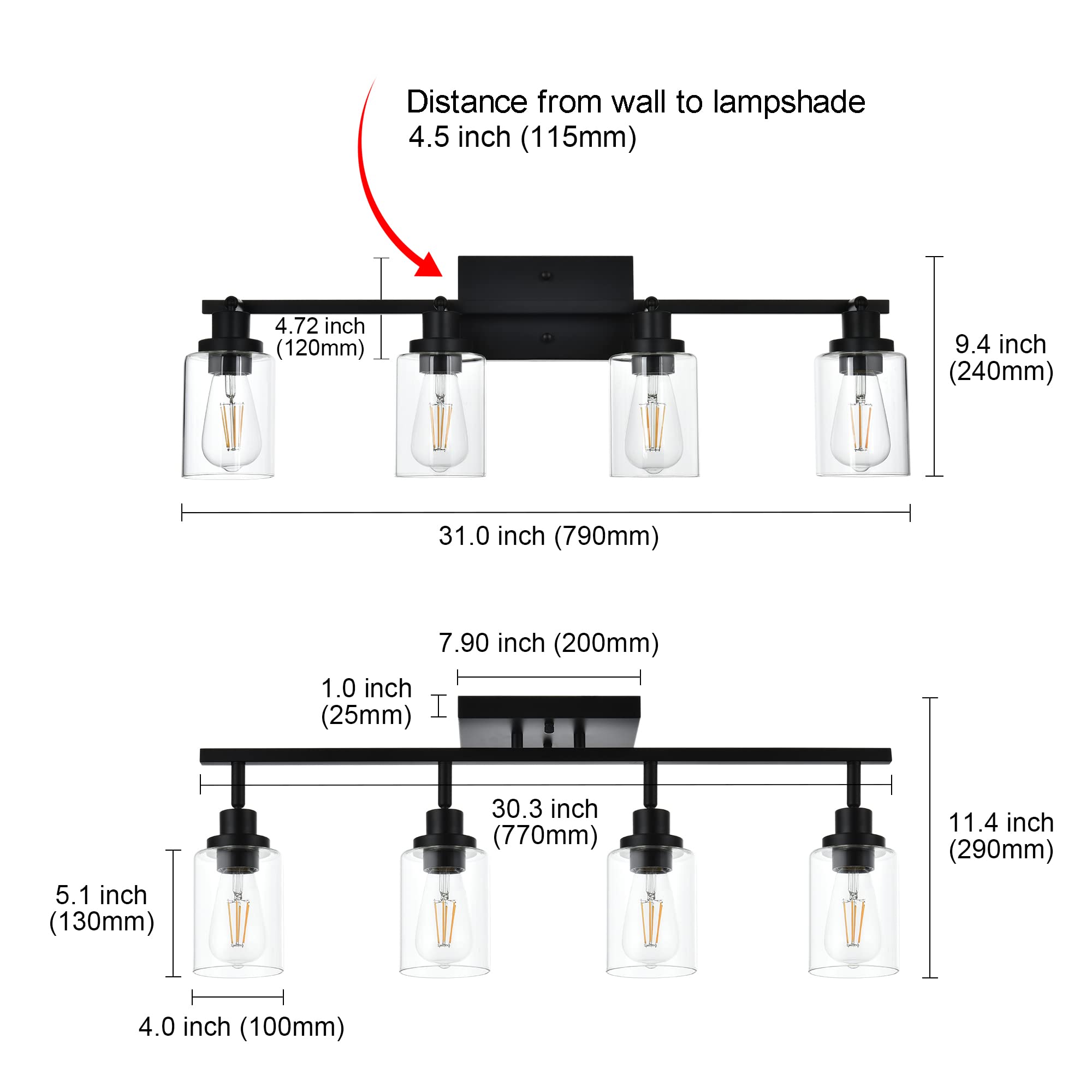 Melucee 4 Light Track Lighting Kit Bathroom Light Fixtures Matte Black Ceiling Spotlight Fixture For Hallway Foyer Bath Storage, Clear Glass Shade