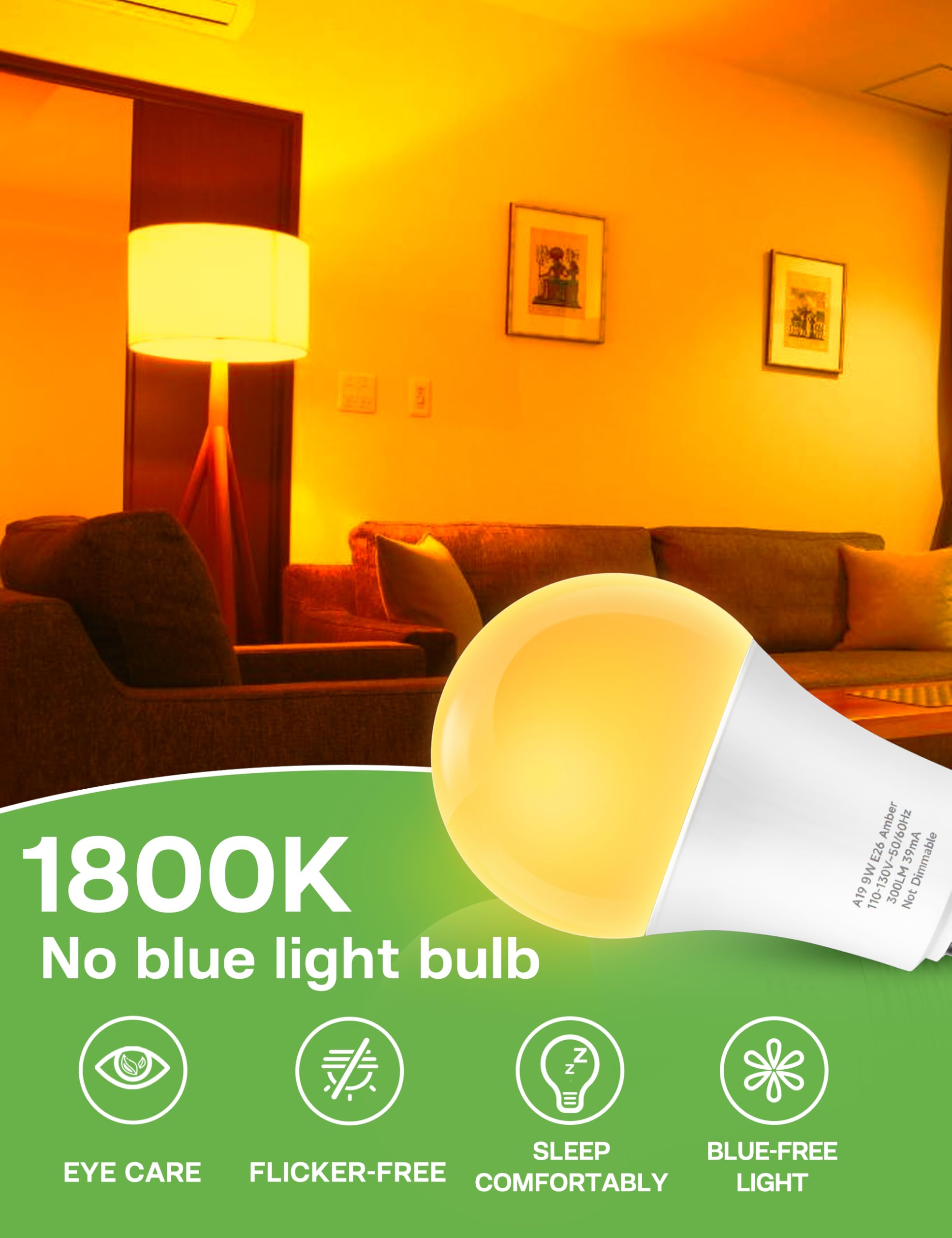 Eastiya Amber Light Bulbs 9W, Blue Blocking 60W Equivalent, 2 Pack, E26, Aluminum, Warm 1800K for Bedroom & Nursery