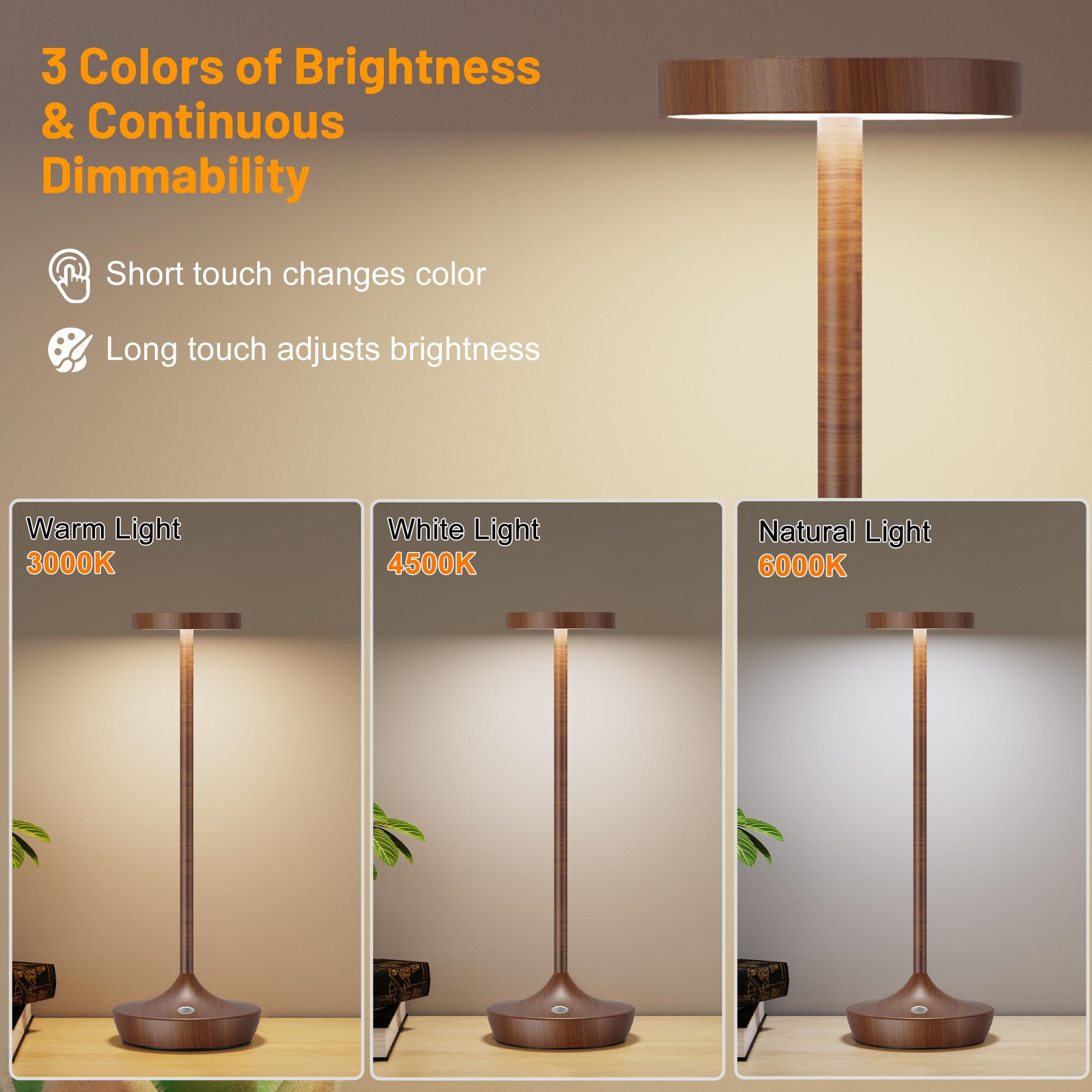 Willdoak Cordless Table Lamp - 6000mAh LED, Touch Dimmable, Waterproof, Woodgrain, Model X86, Rechargeable for Outdoor Use