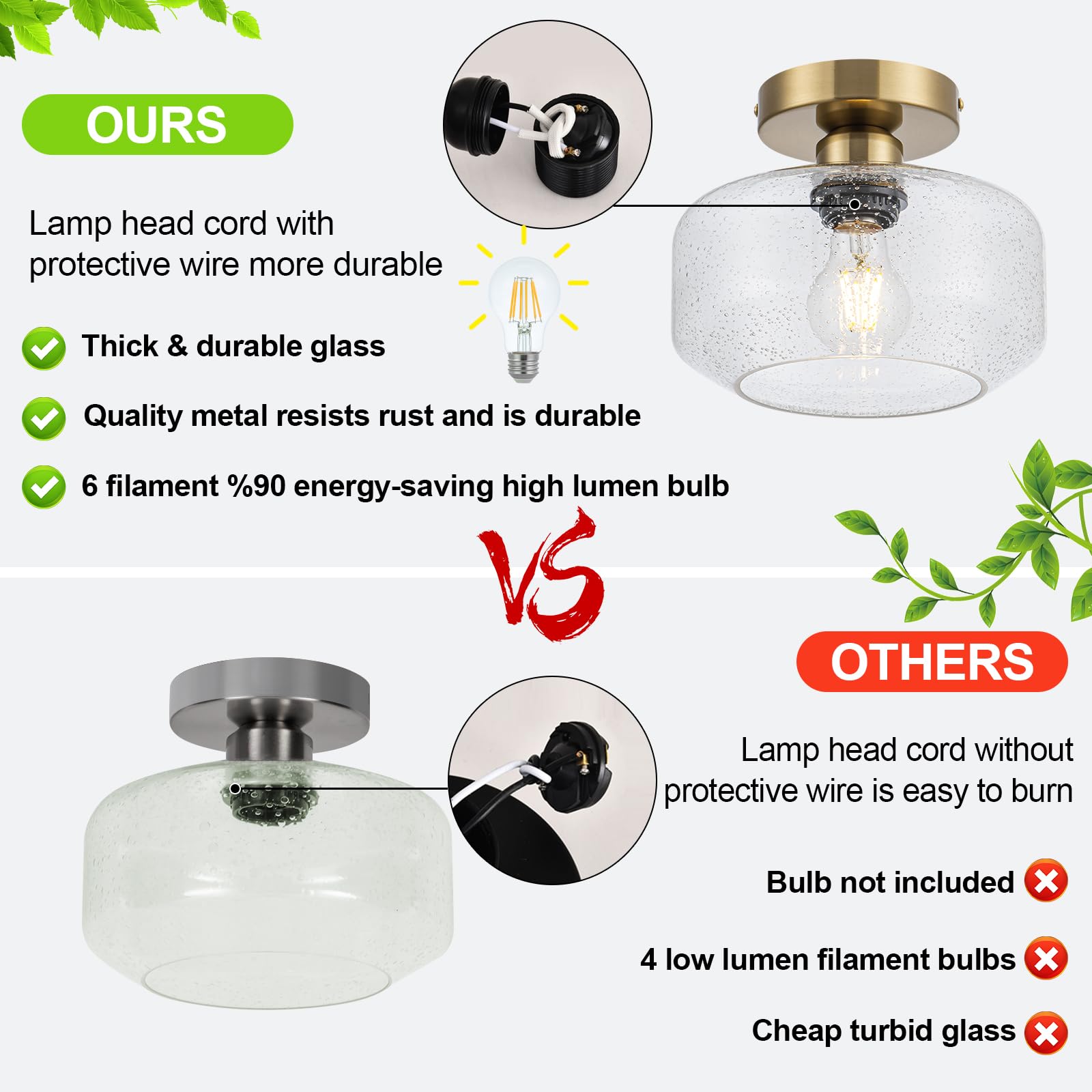 Tbaoinla Simple And Elegant Semi Flush Mount Ceiling Light Seeded Glass Brass And Golden Metal Base Includes 900 Lumen Led Light