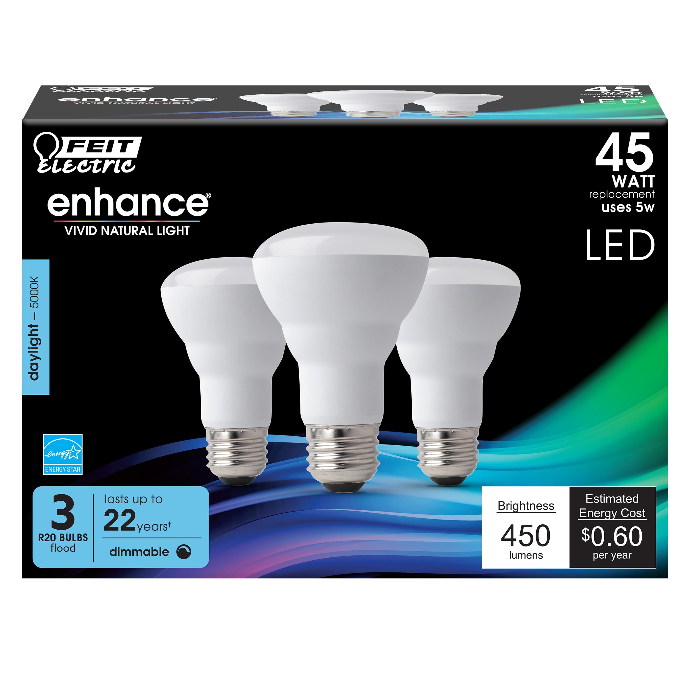 Feit Electric R20 LED Light Bulb, 45W Equivalent, Dimmable, 5000K Daylight, 450 Lumens, 90 CRI, E26 Base, Damp Rated, Recessed a