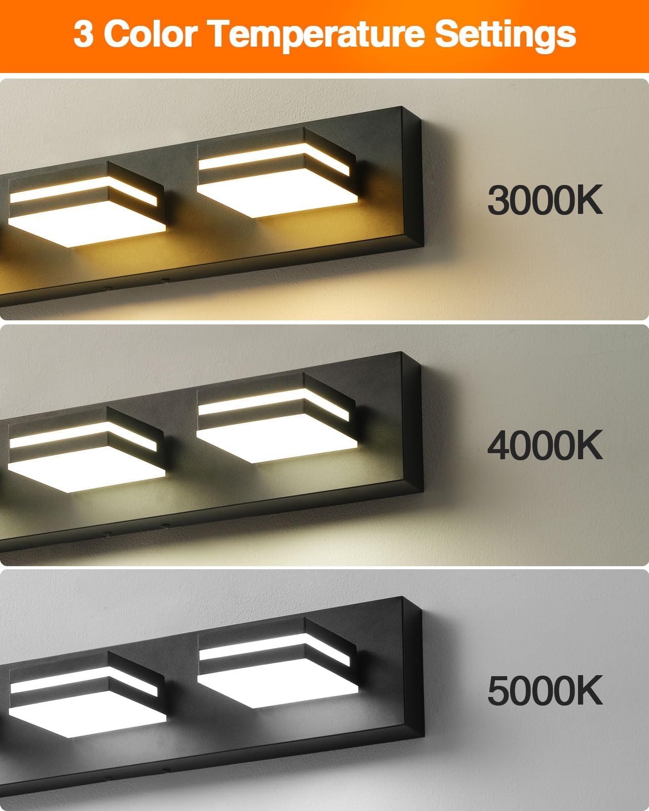 Likelgn 3-Light Bathroom Vanity Light Fixture, Modern LED, 22" W, Black, Rotatable Light Heads, Model LK-WL3310