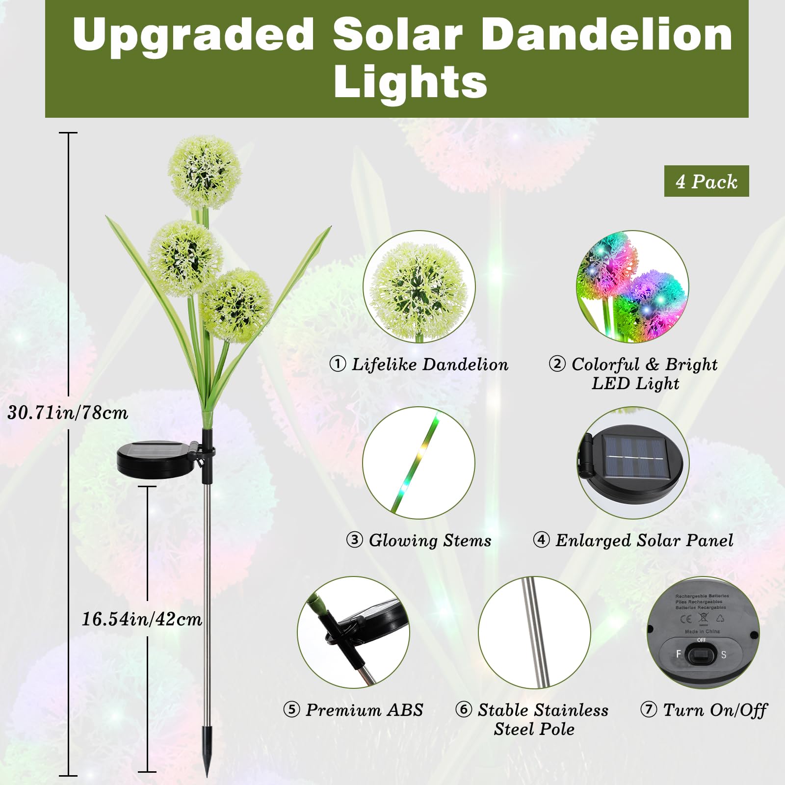 Lewondr 4 Pack Solar Garden Lights, Solar Flowers Lights With 4 Blooming Dandelion Flowers, Waterproof Solar Lights Outdoor For