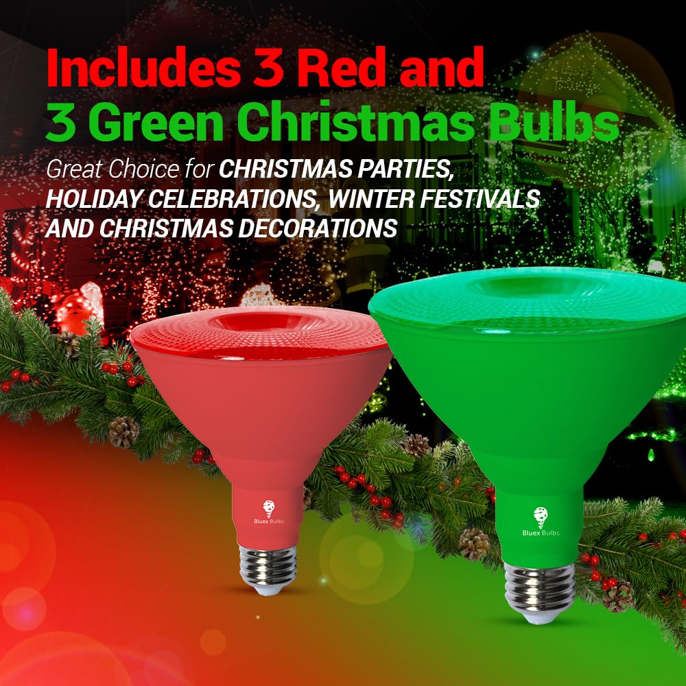 Bluex Bulbs 6 Pack LED Par38 Flood Light - 18W Dimmable Red Green E26 for Party Decoration and Home Christmas Lighting