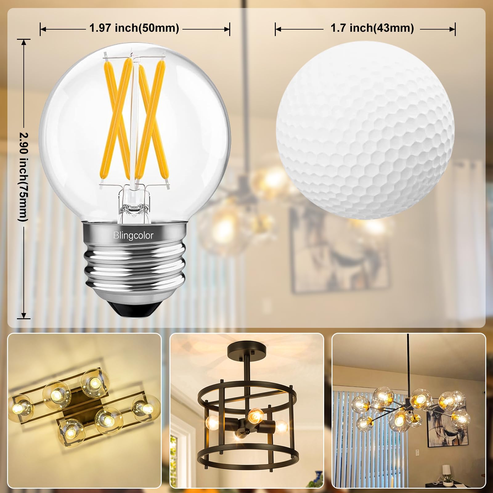 Blingcolor 6 Pack Dimmable G16.5 Led Light Bulbs 60 Watt, E26 Led Bulbs 60 Watt Soft White 3000K, 6W E26 Globe Led Edison Small