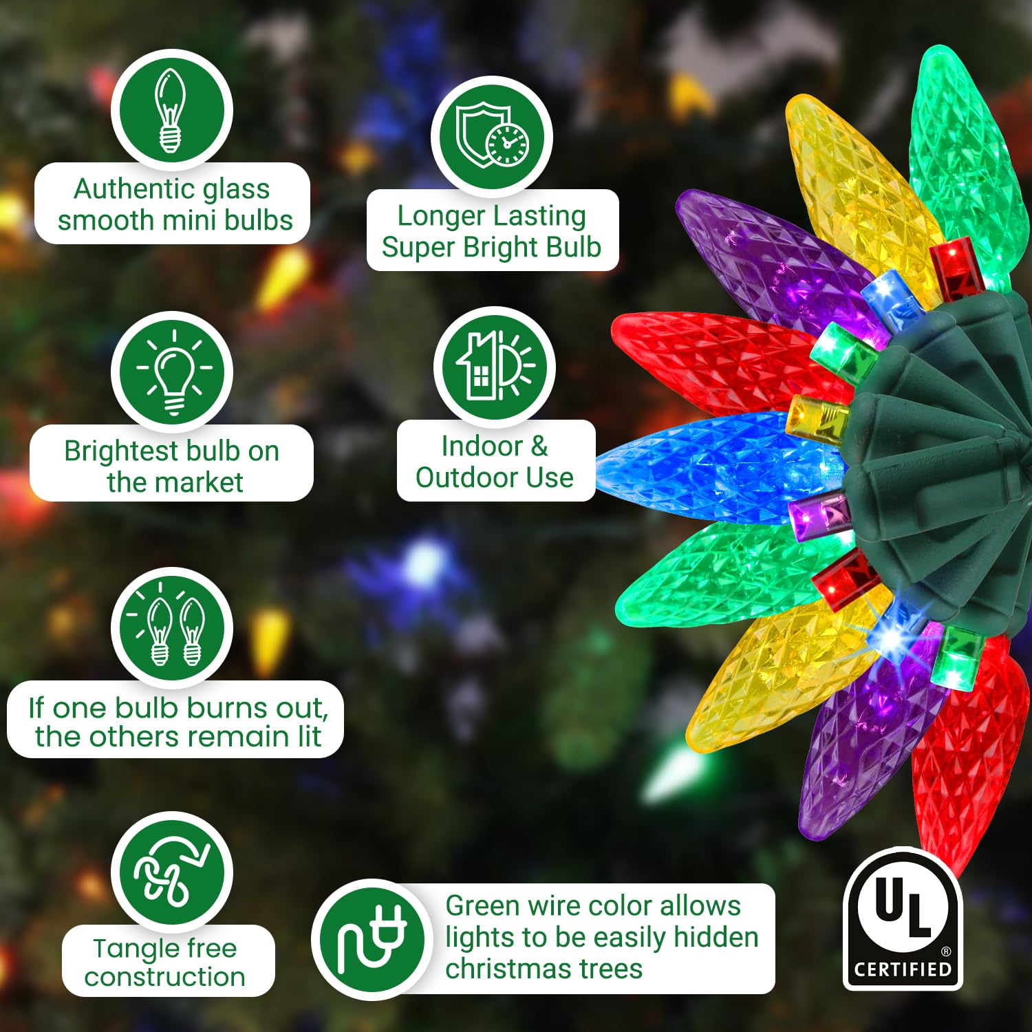 Tupkee Christmas LED Twinkling Lights, Multicolor, 24.5 Feet, C6/5mm Bulbs, Indoor/Outdoor Holiday Decor
