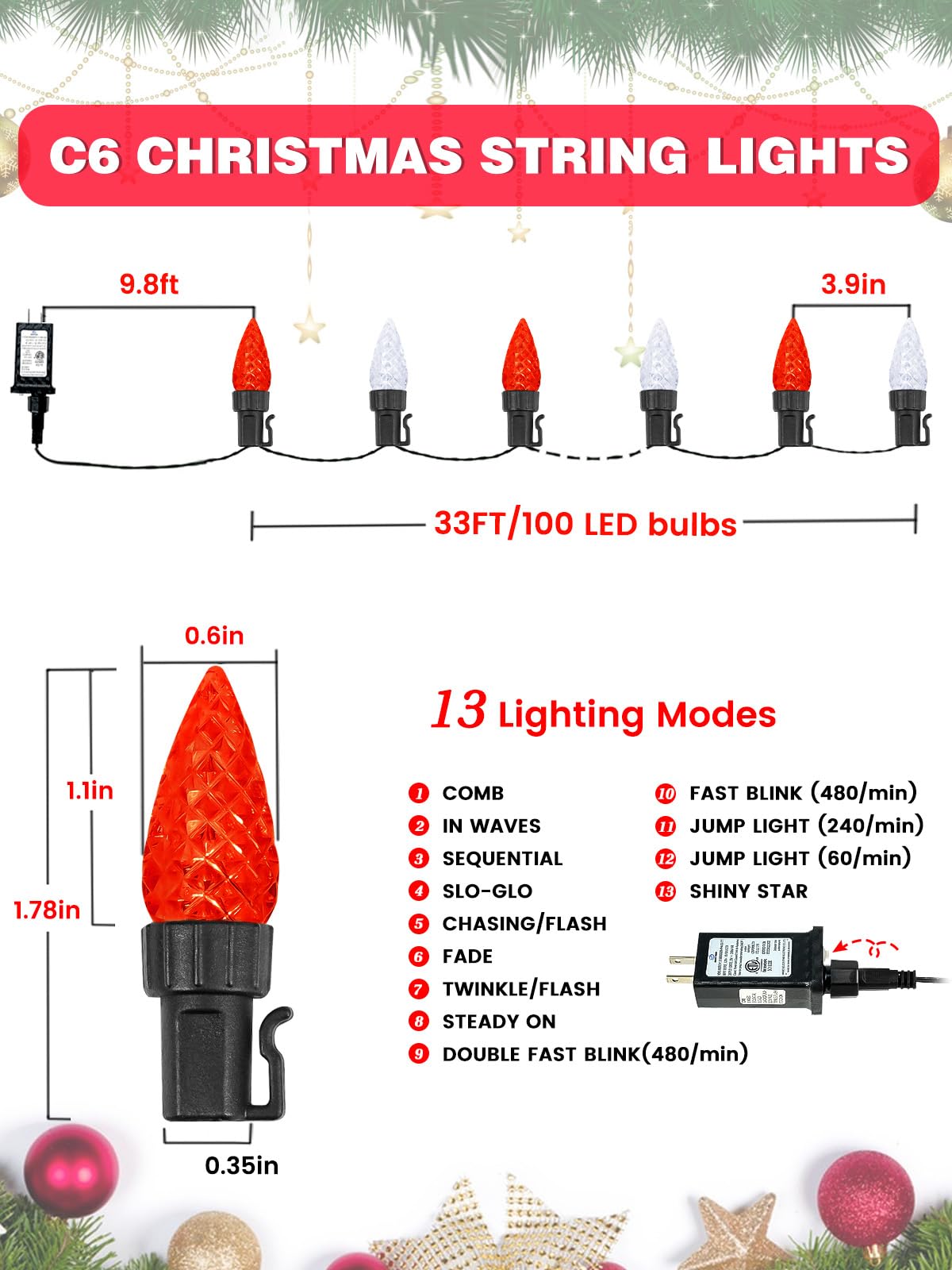 2 Pack C6 Christmas Lights Outdoor Indoor  Total 200 Led 66 Ft Connectable Christmas String Lights With Timer & 13 Modes  Waterproof Twinkle Light For Xmas Tree Party Yards Decorations (Red And White)