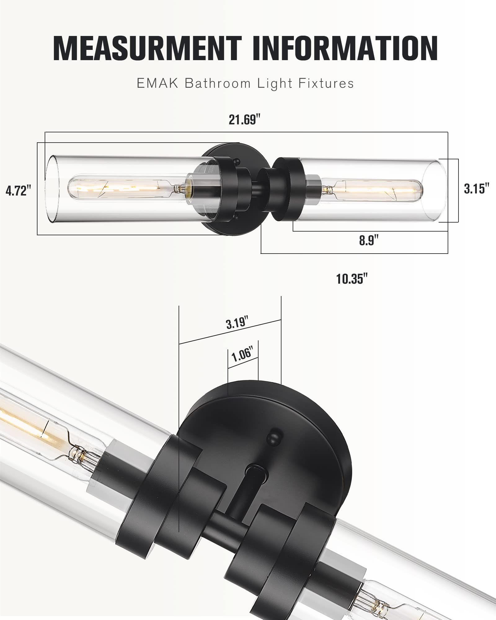 Emak 2 Light Black Vanity Lights For Bathroom,22 Inch Bathroom Light Fixtures Modern Wall Sconces With Clear Glass Shade For Bat
