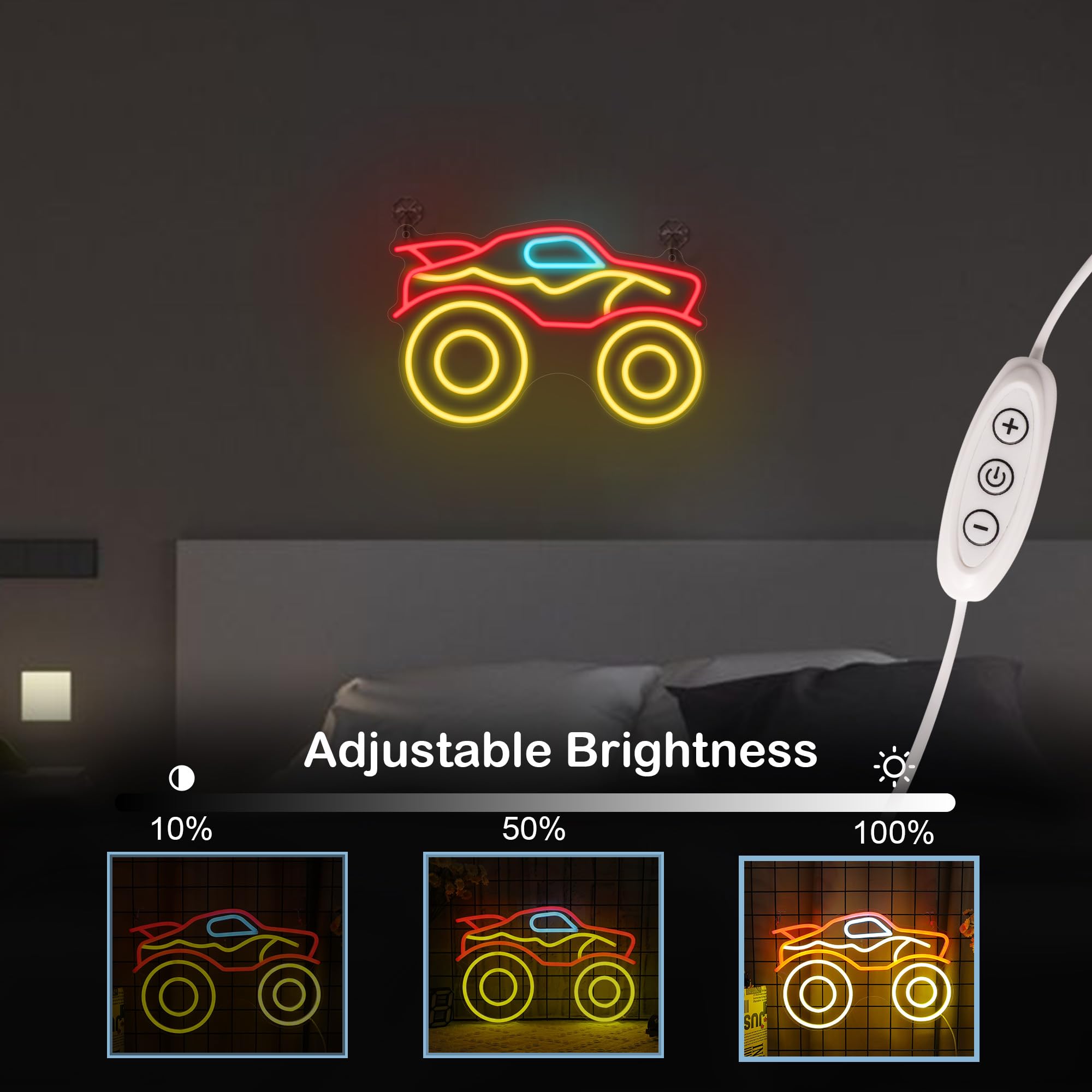 CoolGift Mart Monster Truck Neon Light, Dimmable LED Truck Neon Wall Sign USB Powered with 4-Color Lights, for Bedroom Living Ro