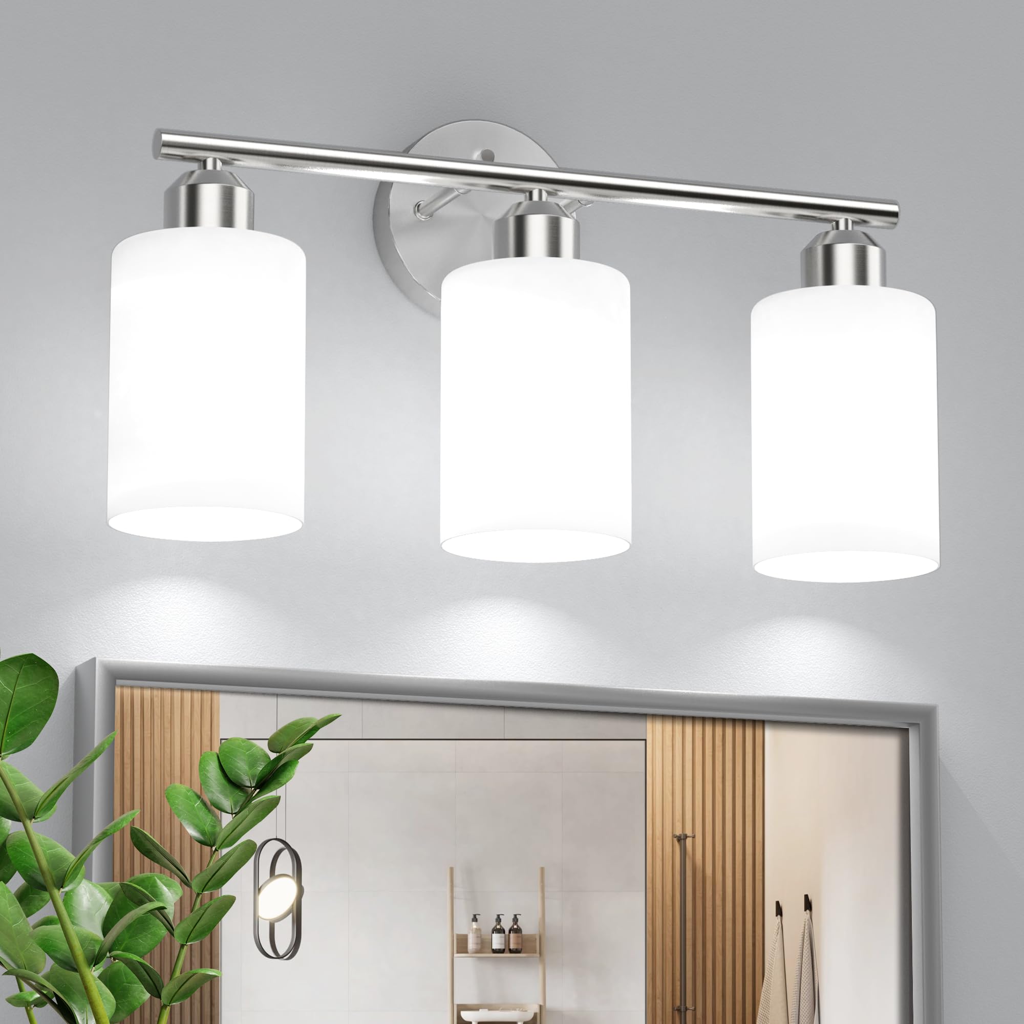 Espird Bathroom Vanity Light Fixture, 3 Lights, Brushed Nickel, Model L01-3-NL-W, Milky White Glass Shades