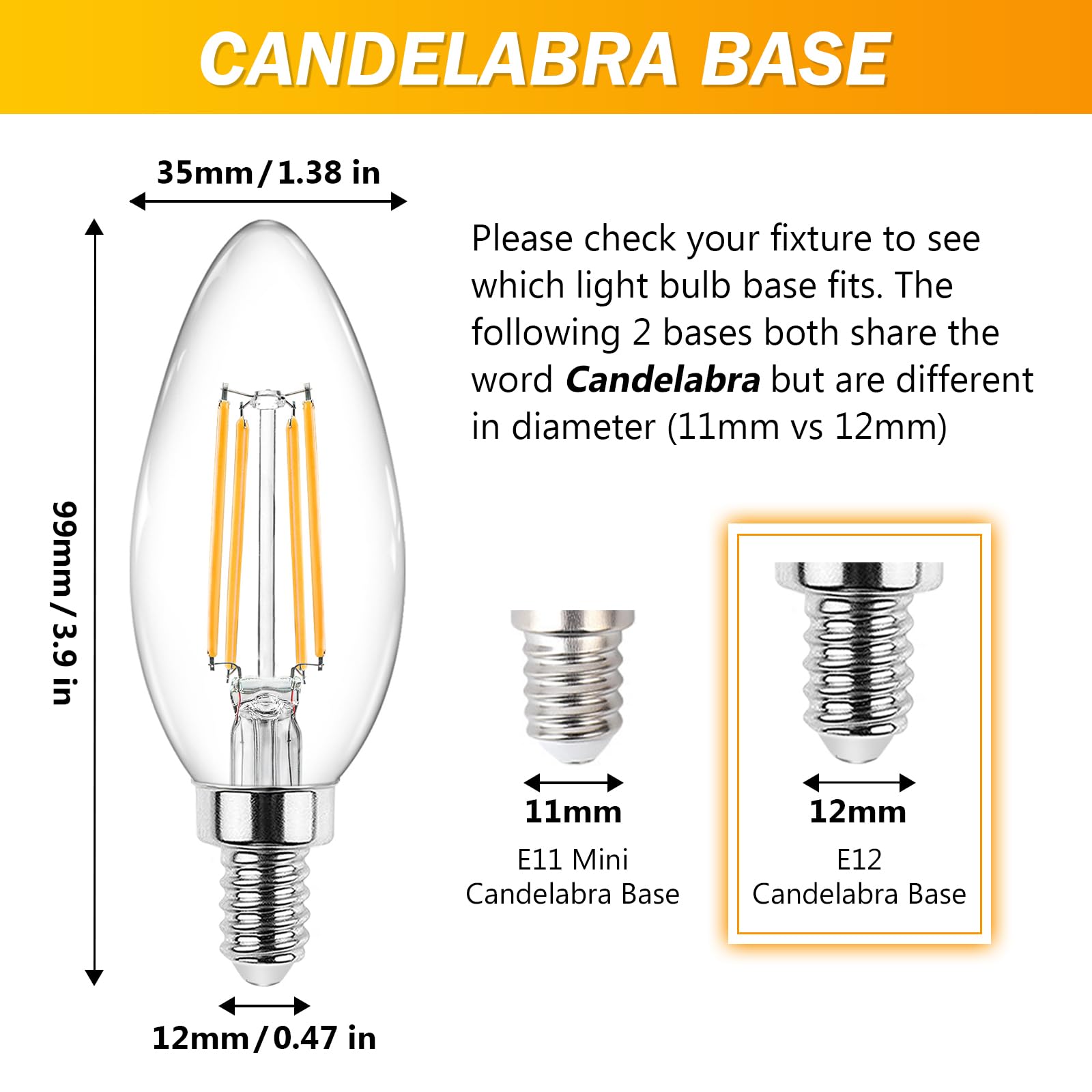 Ascher E12 Candelabra LED Light Bulbs 60 Watt Equivalent, Warm White 2700K, Non-Dimmable, 550 Lumen, Clear LED Filament Candle B