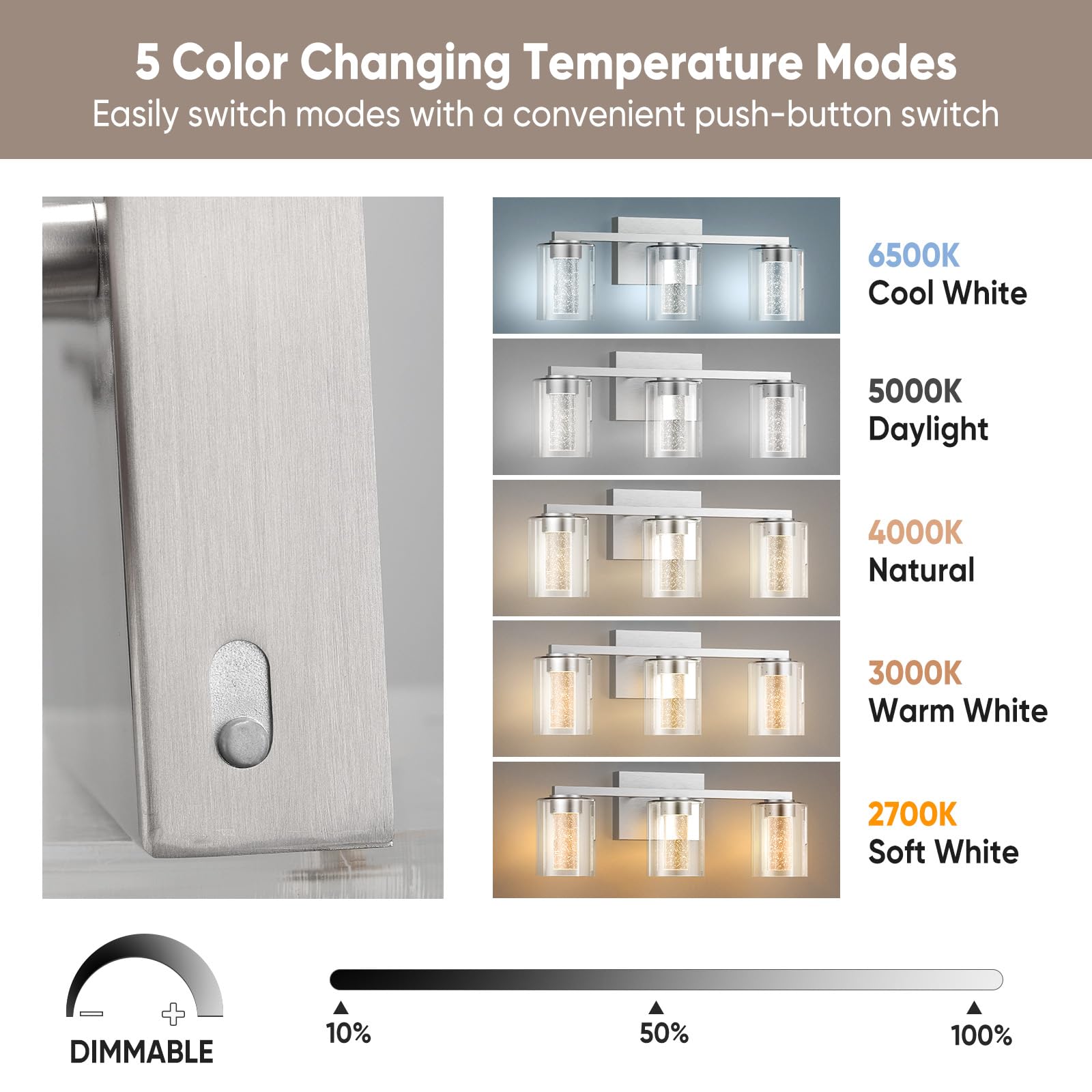 Led Modern Bathroom Light Fixtures Over Mirror, 3-Light Brushed Nickel Vanity Lights With 5 Color Modes, Dimmable Bathroom Vanit