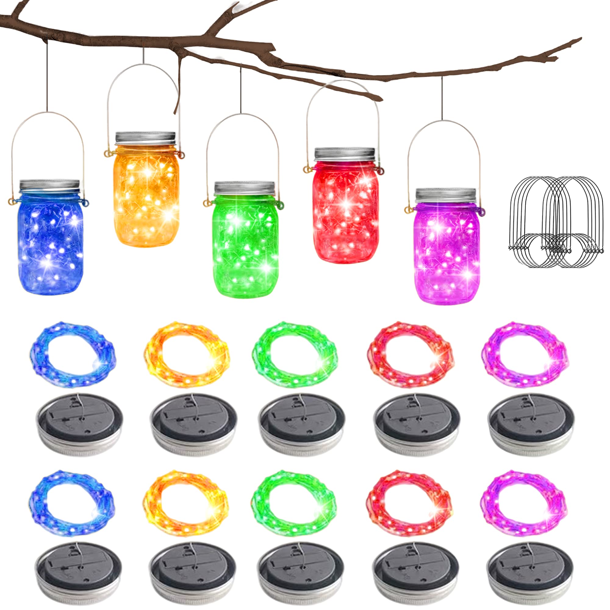 10 Pack 30 Led Solar Mason Jar Lid String Lights,Fairy Lights String Lids Lights Including 10 Pcs Hangers,For Indoor Outdoor Wed