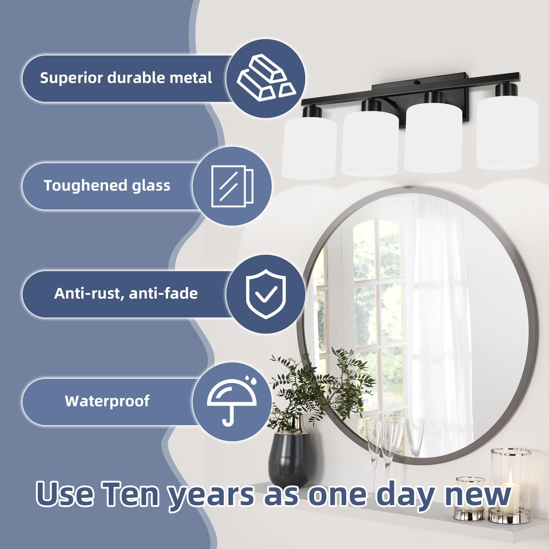 SILAMPDI 4-Light Black Bathroom Vanity Light Fixture, Modern Wall Sconce with Milky White Glass Shades, Model SLD-JQD-005