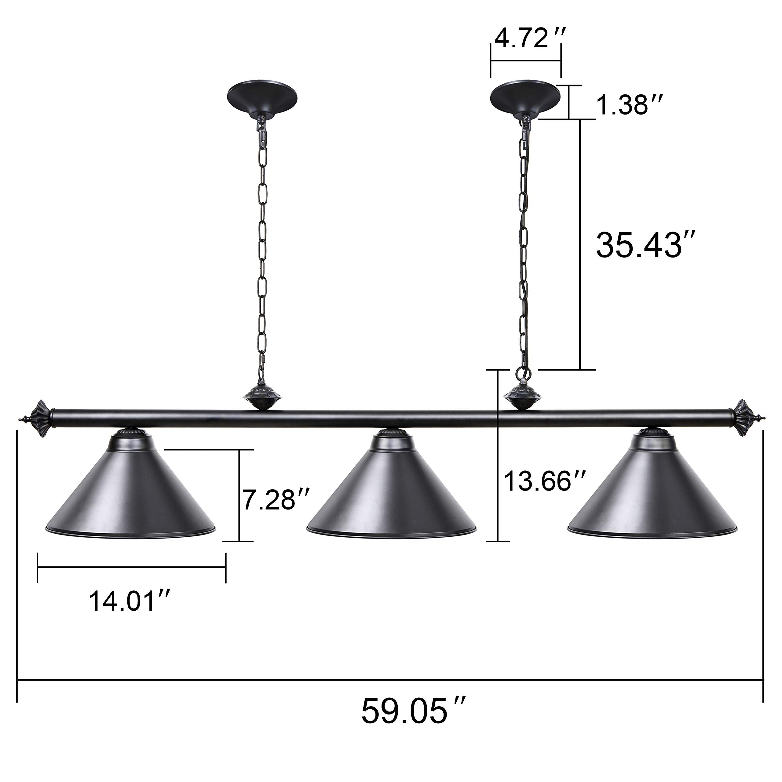 Wellmet 3-Light Vintage Pool Table Light, Matte Black Metal Chandelier, 59 inch, Modern Industrial Pendant for Kitchen Island