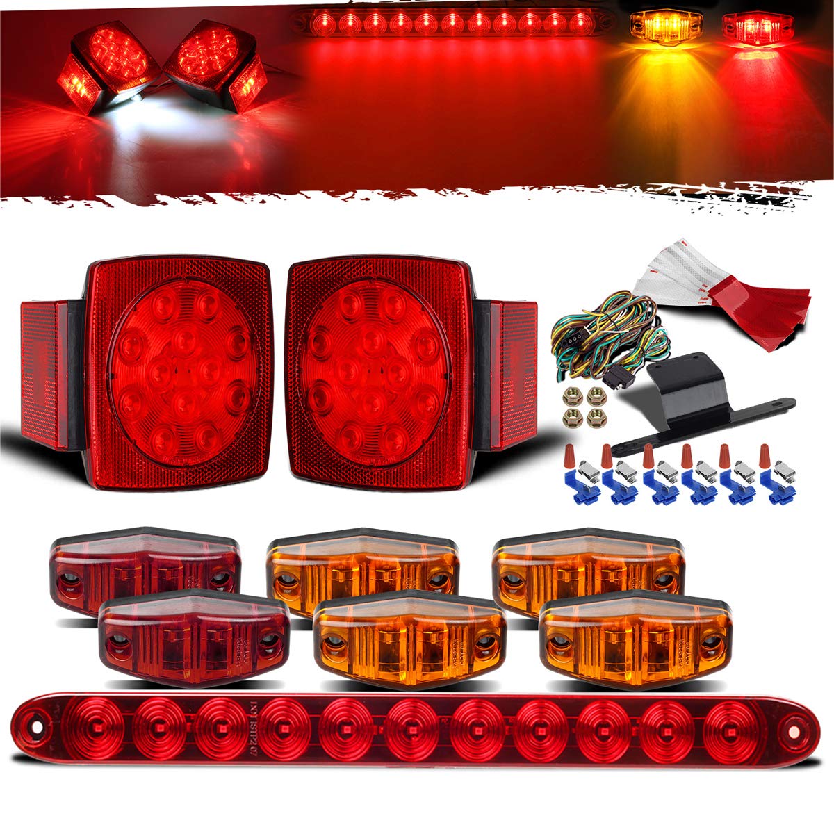 Partsam Submersible Under 80'' Led Trailer Light Kit,Square Stop Turn Tail Rv Truck Lights W/Wire &Bracket,Red/Amber Side Fender