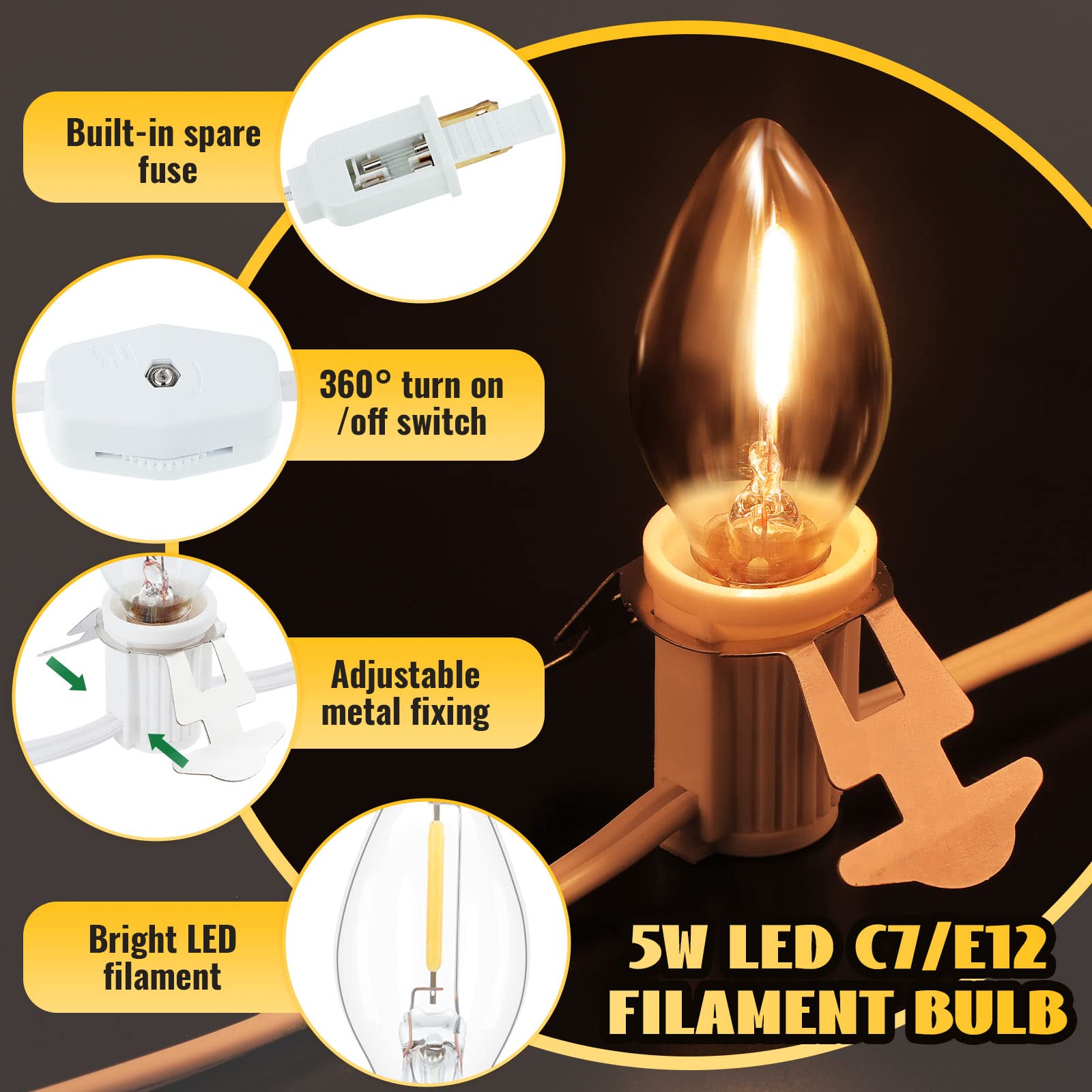 1 Pack Accessory Cord With 6 Led Light Bulb And Female Plug, 13.12Ft C7 Lamp Village Light Cord With Fuse Wire, Ul-588 Blow Mold