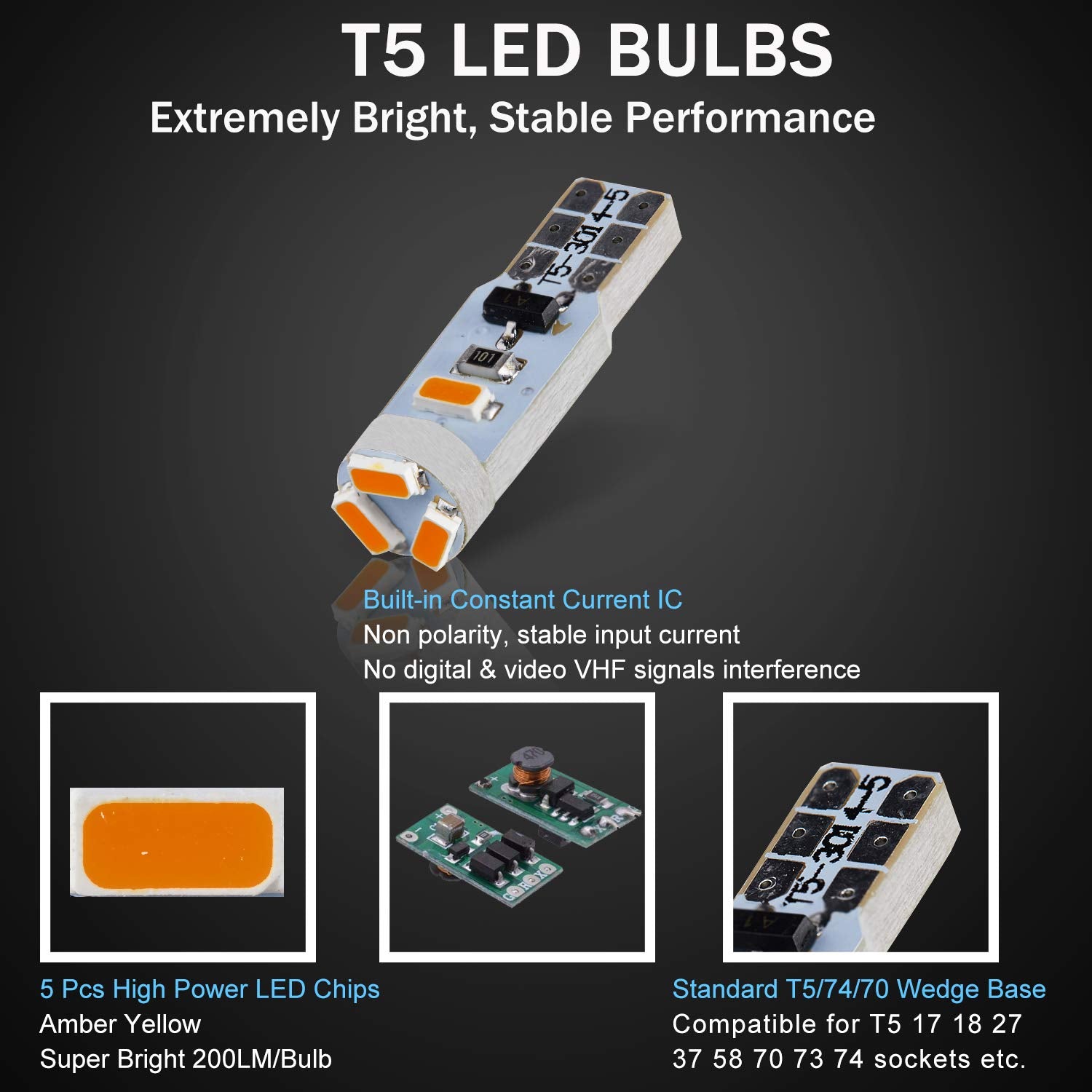 Brishine 10X T5 Led Bulbs Amber Yellow Canbus Error Free 3014 Chipsets 74 2721 37 Pc74 70 73 17 Led Bulbs For Interior Gauge Clu