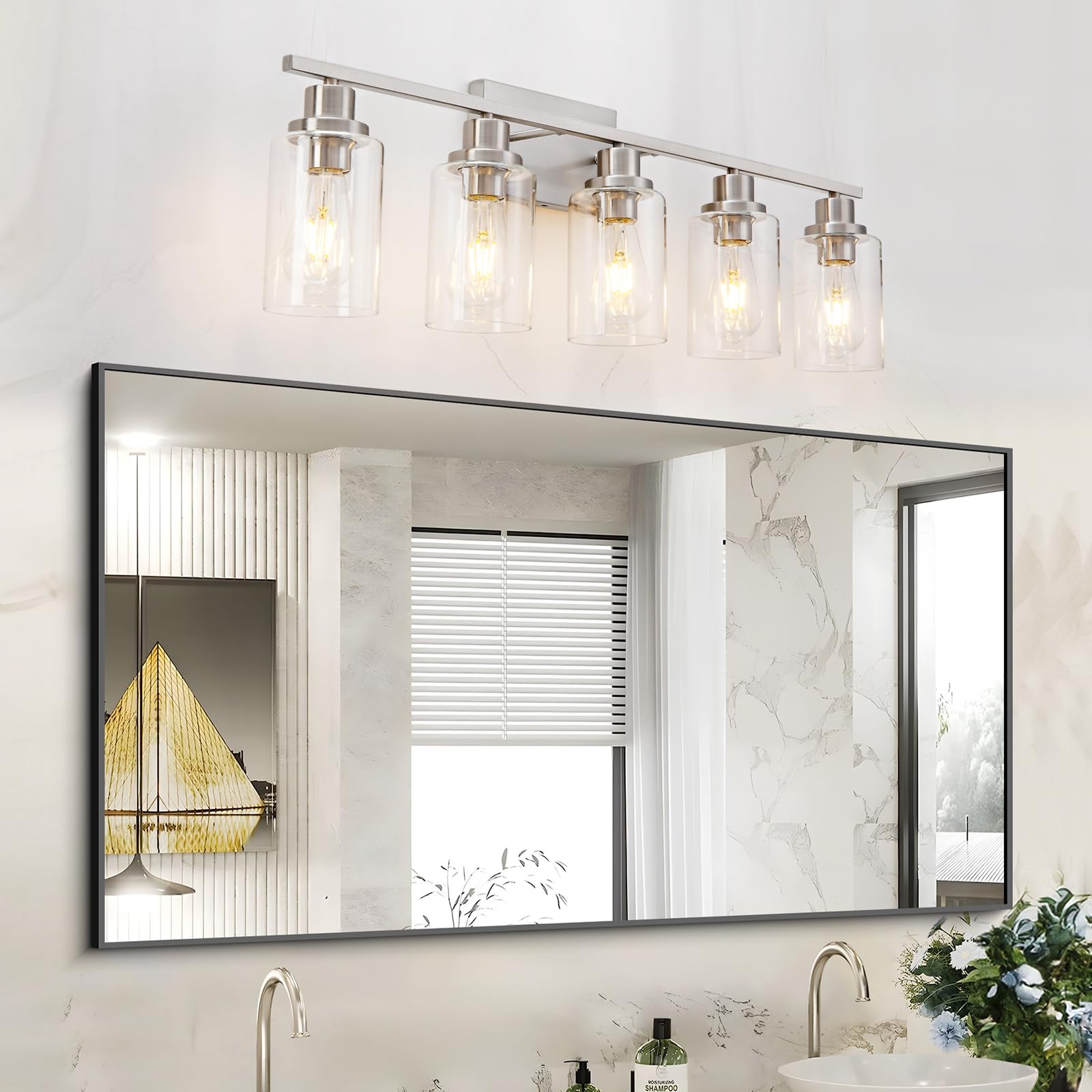 HCCZ 5-Light Bathroom Vanity Light Fixture, Brushed Nickel, Glass Shade, Modern Farmhouse Wall Sconce for Bathroom, Bedroom, Living Room