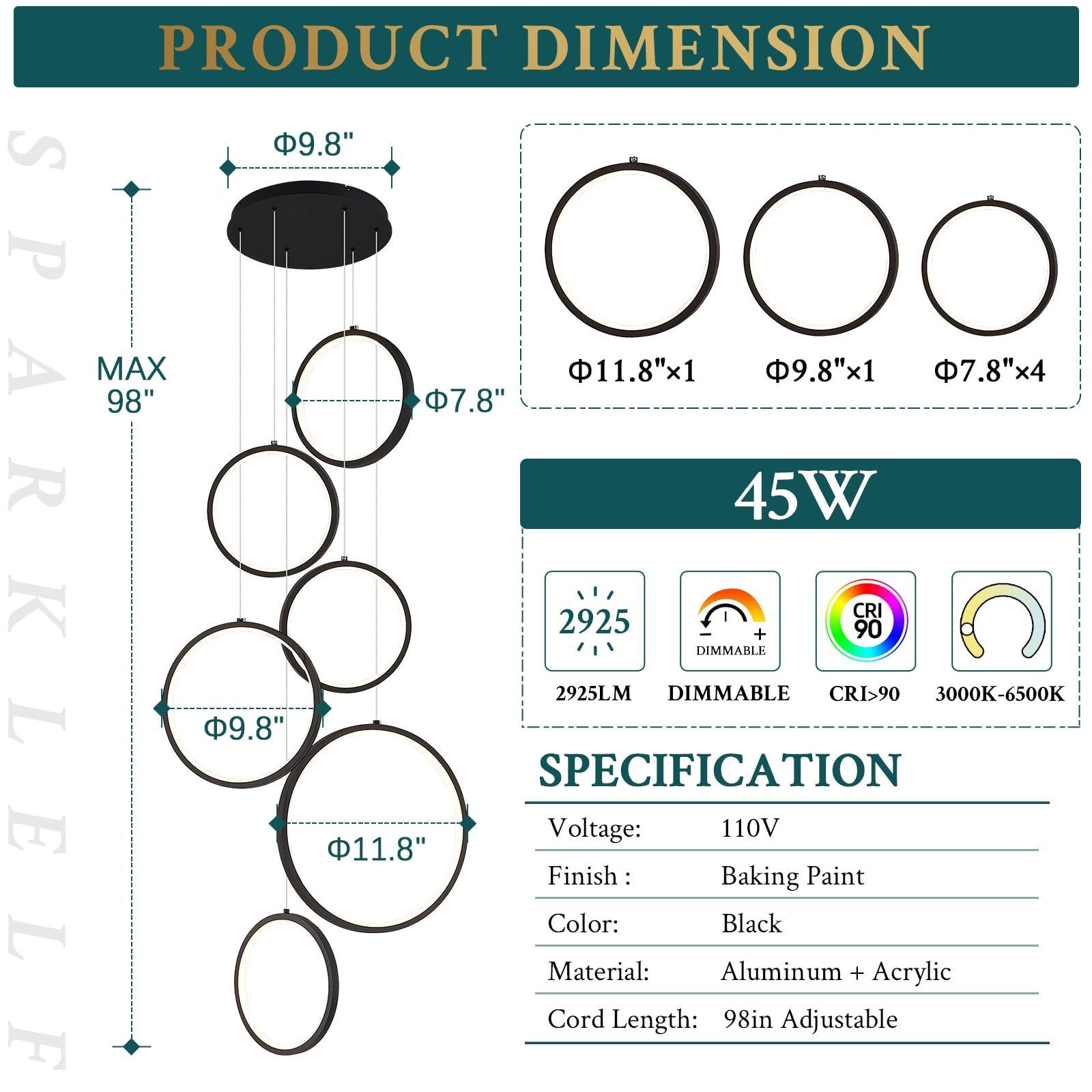 Sparklelf 6 Rings Modern Led Chandelier For High Ceiling Dimmable Black Contemporary Pendant Light Fixture Long Foyer Chandelier