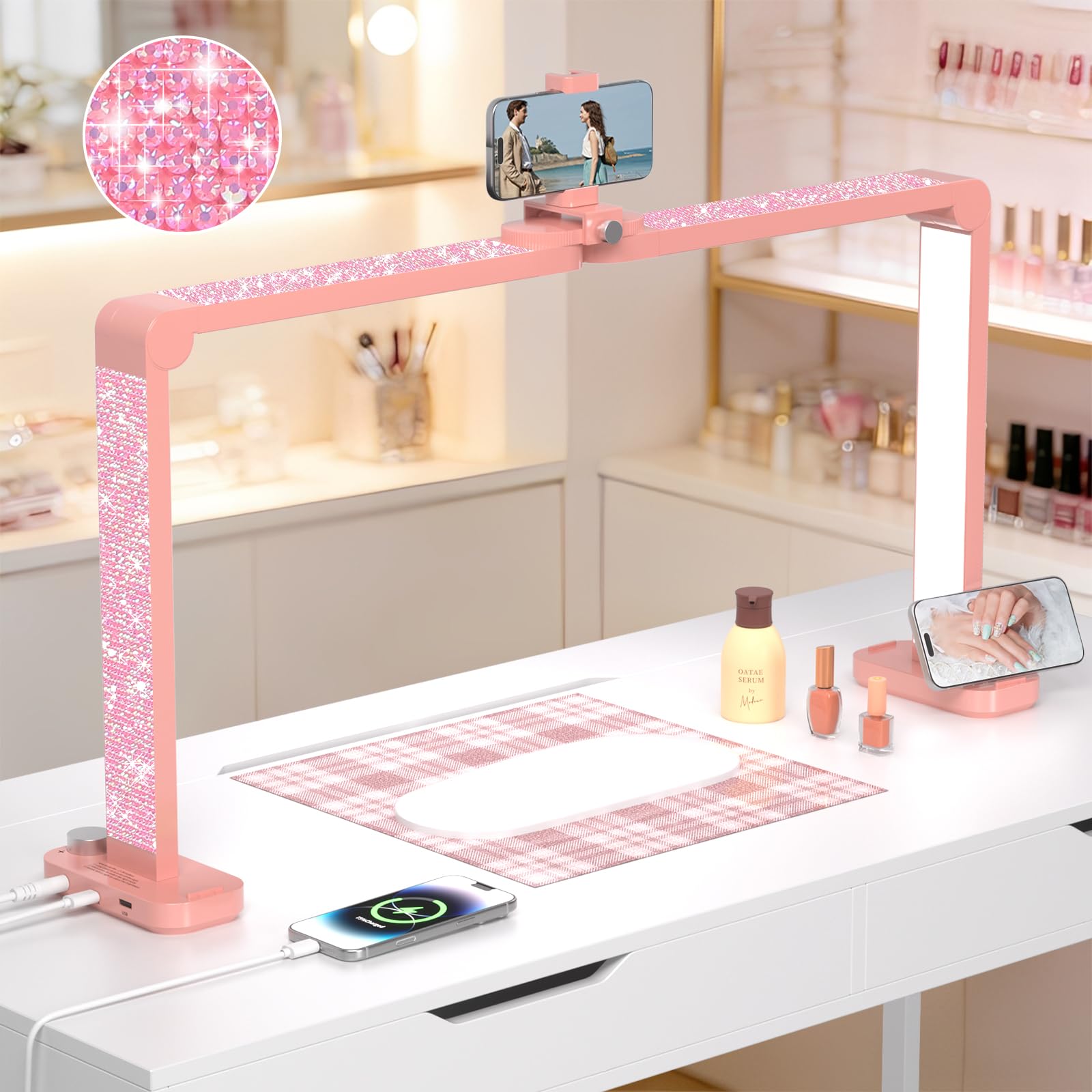 Haosegd Half Moon Light for Nail Desk with Phone Holder  Large Square Nail Lamp for Desk  Professional Manicurist Desktop Lamp  LED Light Suitable for ManiHelps Supports  Tattoos  and Sewing  Rhinestone Pink