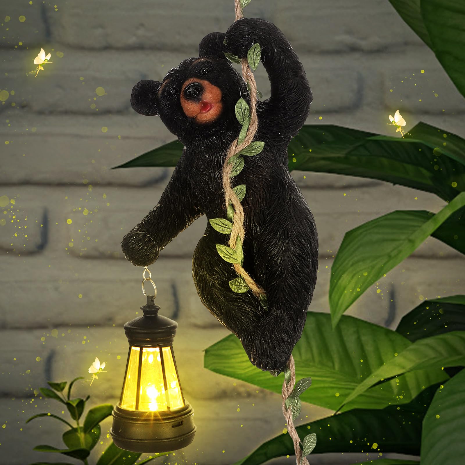 Rossesay 7 Inches Bear Statue Tree Hugger with Solar Light Resin Bear Statue Sign with LED Lantern Waterproof Hanging Figurine w