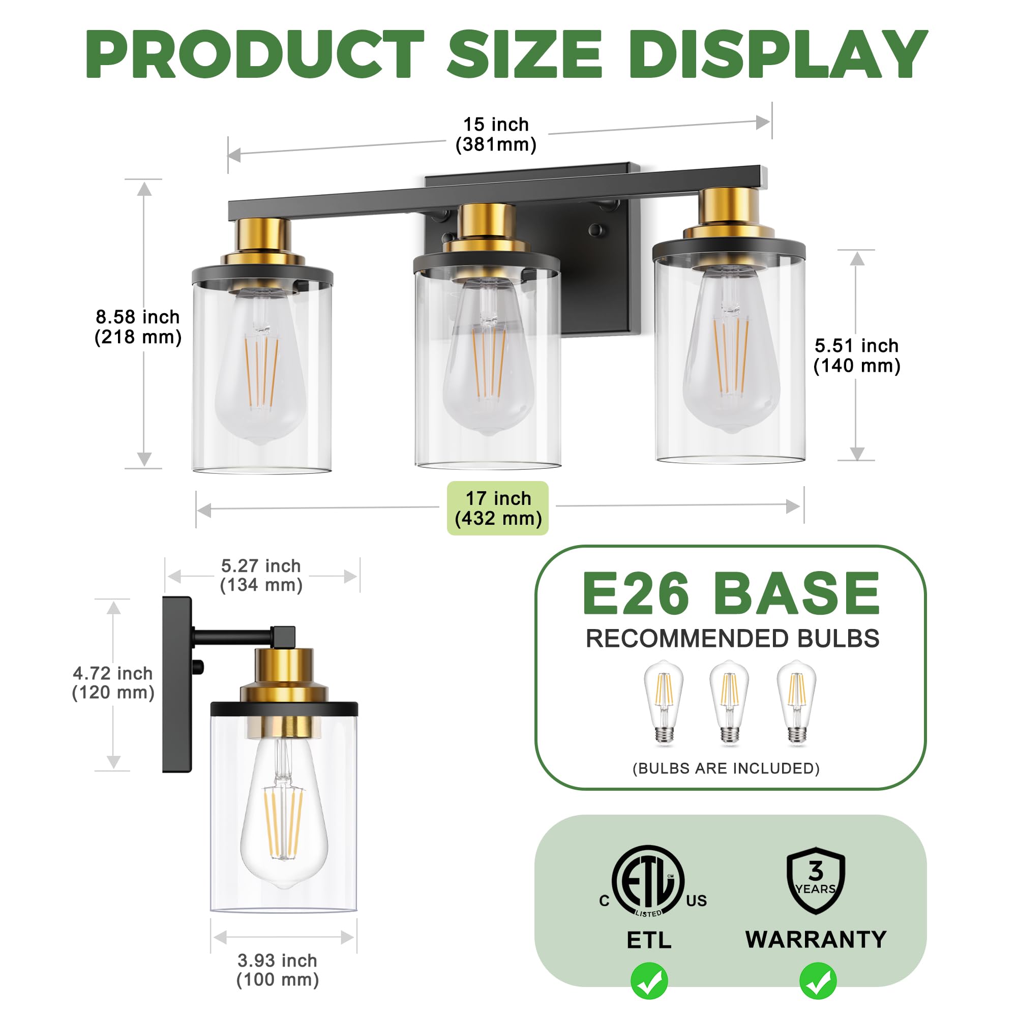 Doresshop 17 Inch Bathroom Light Fixtures  3-Light Black And Gold Bathroom Lighting Fixtures Over Mirror With Glass Shade  Modern Vanity Lights For Hallway Bedroom  Includes Bulbs