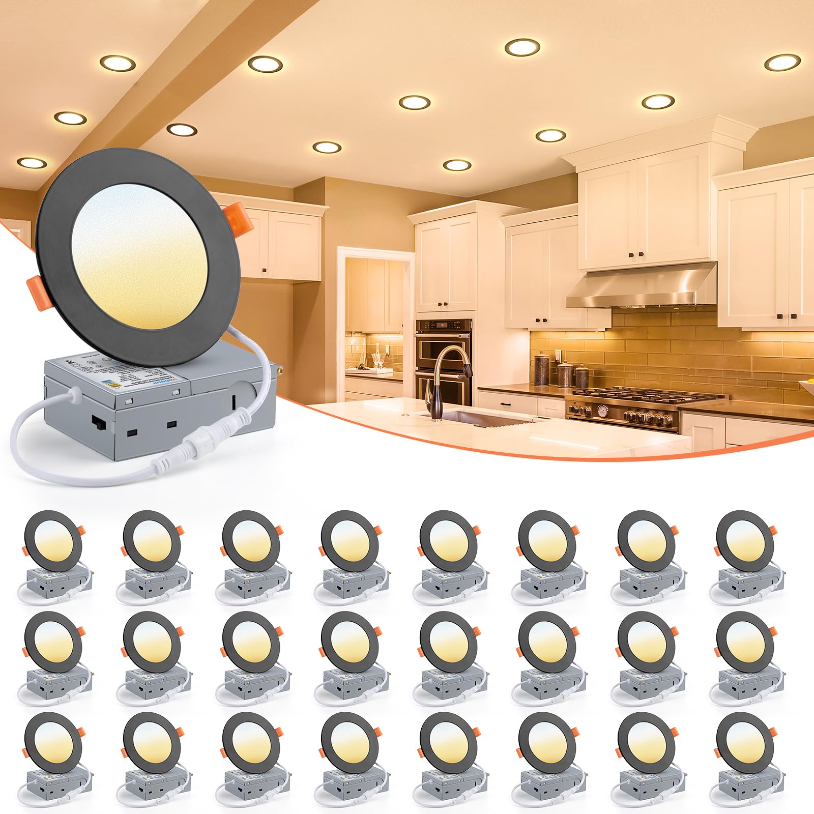 VOLISUN 24 Pack 4 inch Recessed Lighting, 5CCT LED Black Recessed Light, 2700K-5000K Selectable, Can-Killer, Dimmable Canless Wa