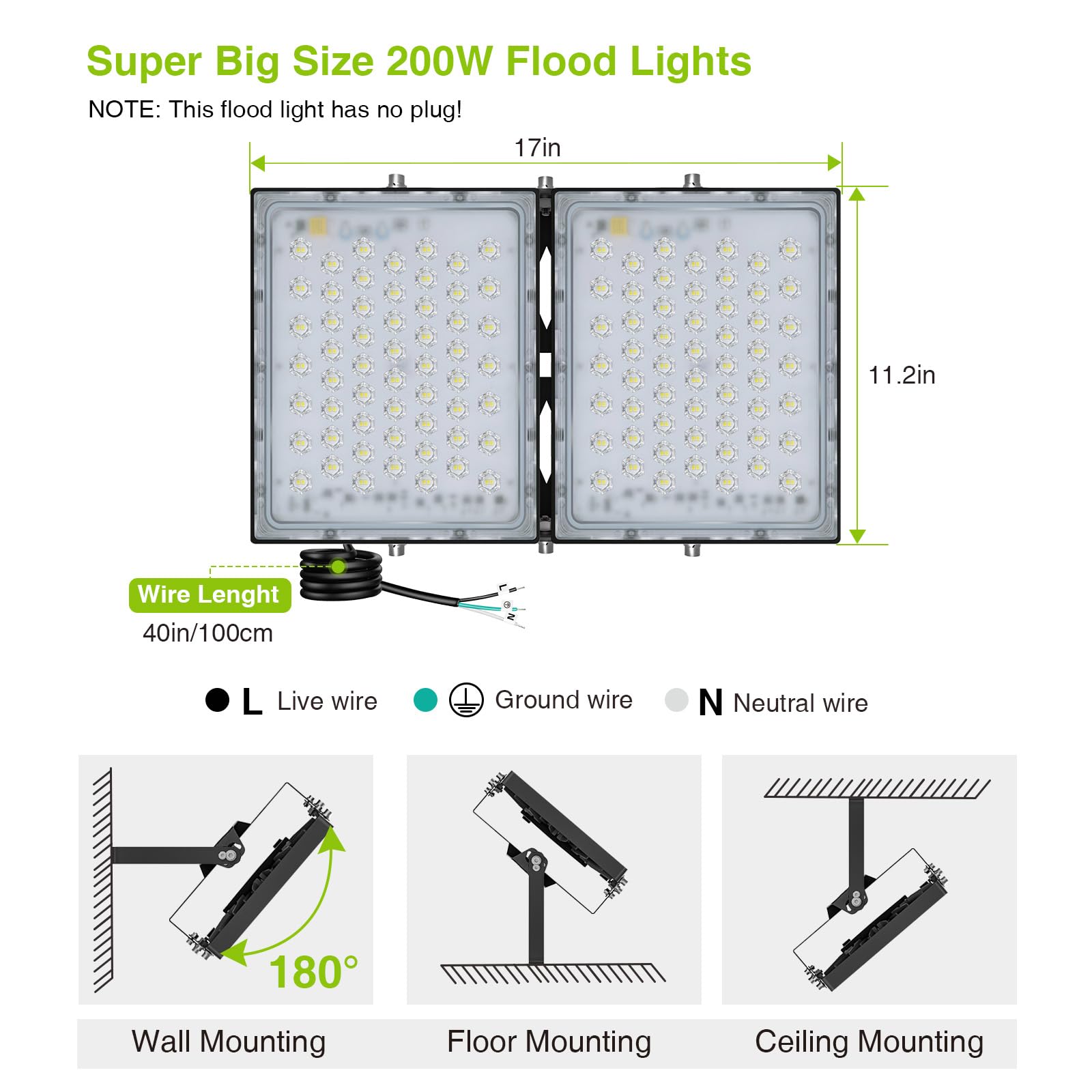 Stasun 200W Led Flood Light - 20,000 Lumens, Ip66 Waterproof, 6000K Daylight,