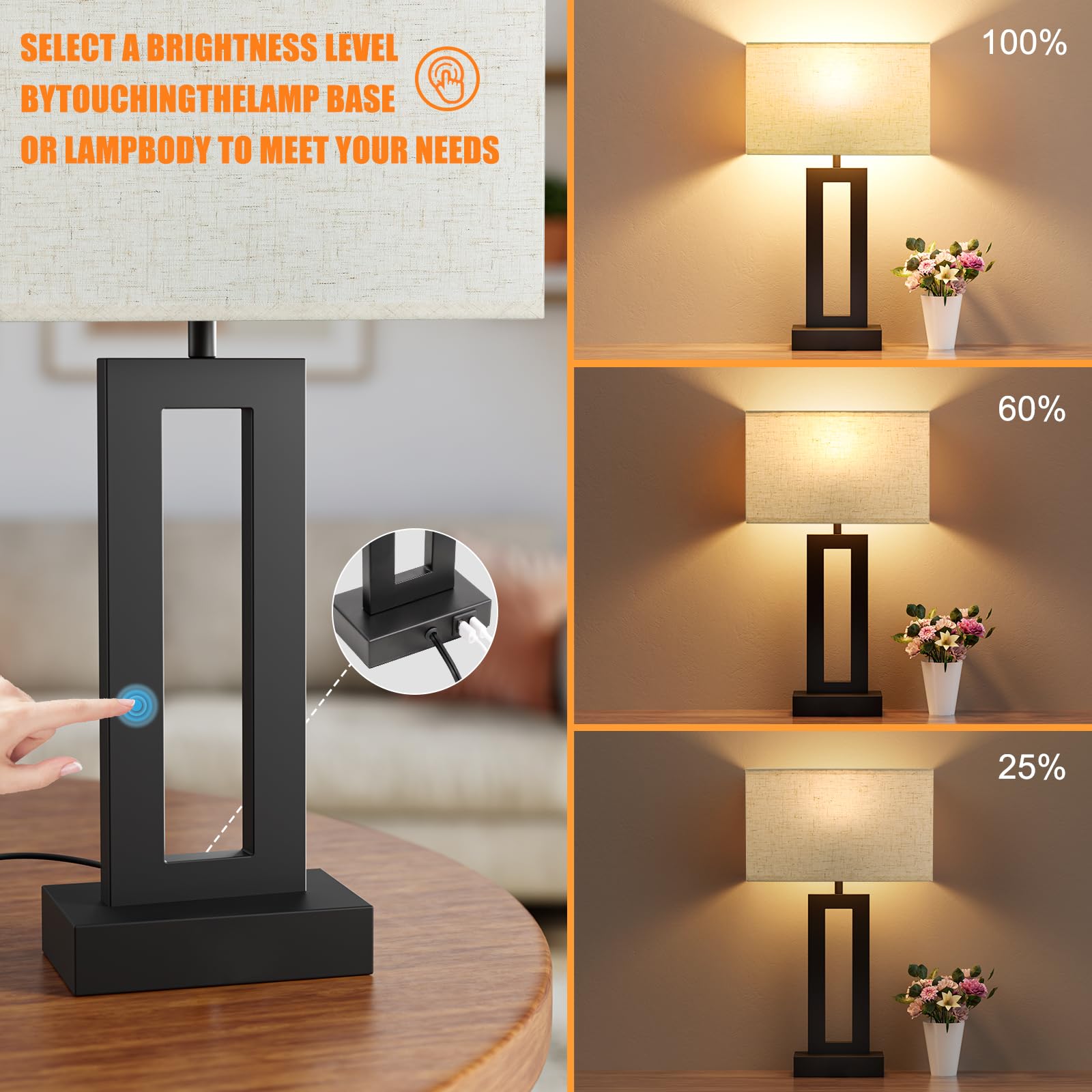 Seealle Nightstand Table Lamps Set of 2 - Touch Control, 3 Way Dimmable, USB C+A, Medium Cream&Black