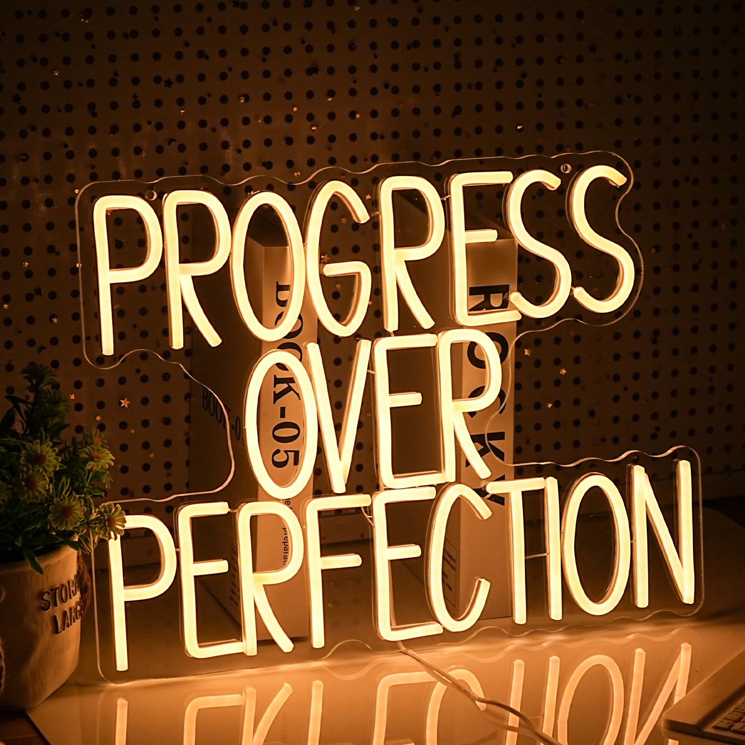 GNVETZLL Progress Over Perfection Neon Sign LED Wall Decor Warm White 16.5x12.6in Acrylic USB Powered