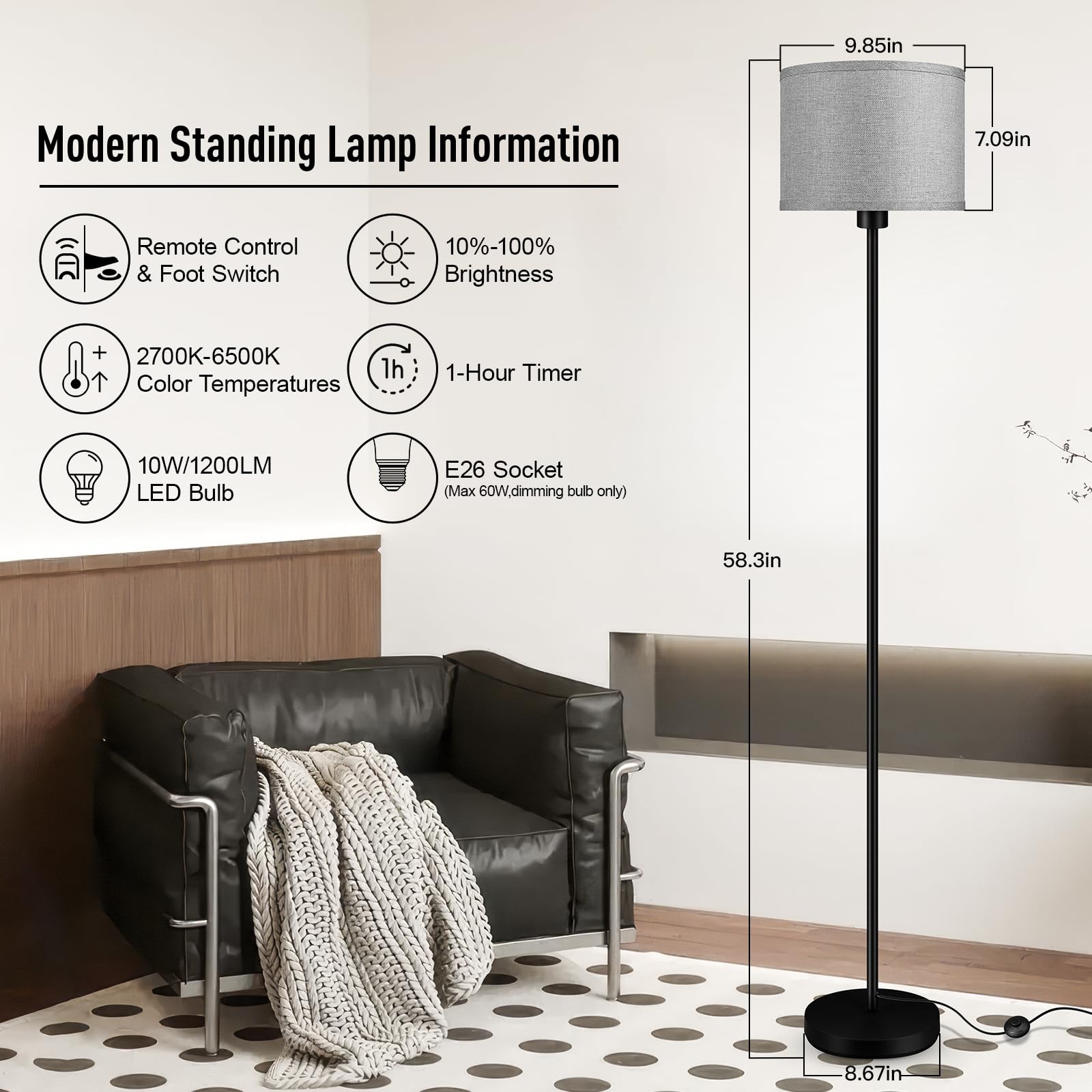 Bricosmocon Floor Lamp, Stepless Dimmable 10W/1200LM, 2700K-6500K Adjustable, Gray Linen, Model B1183