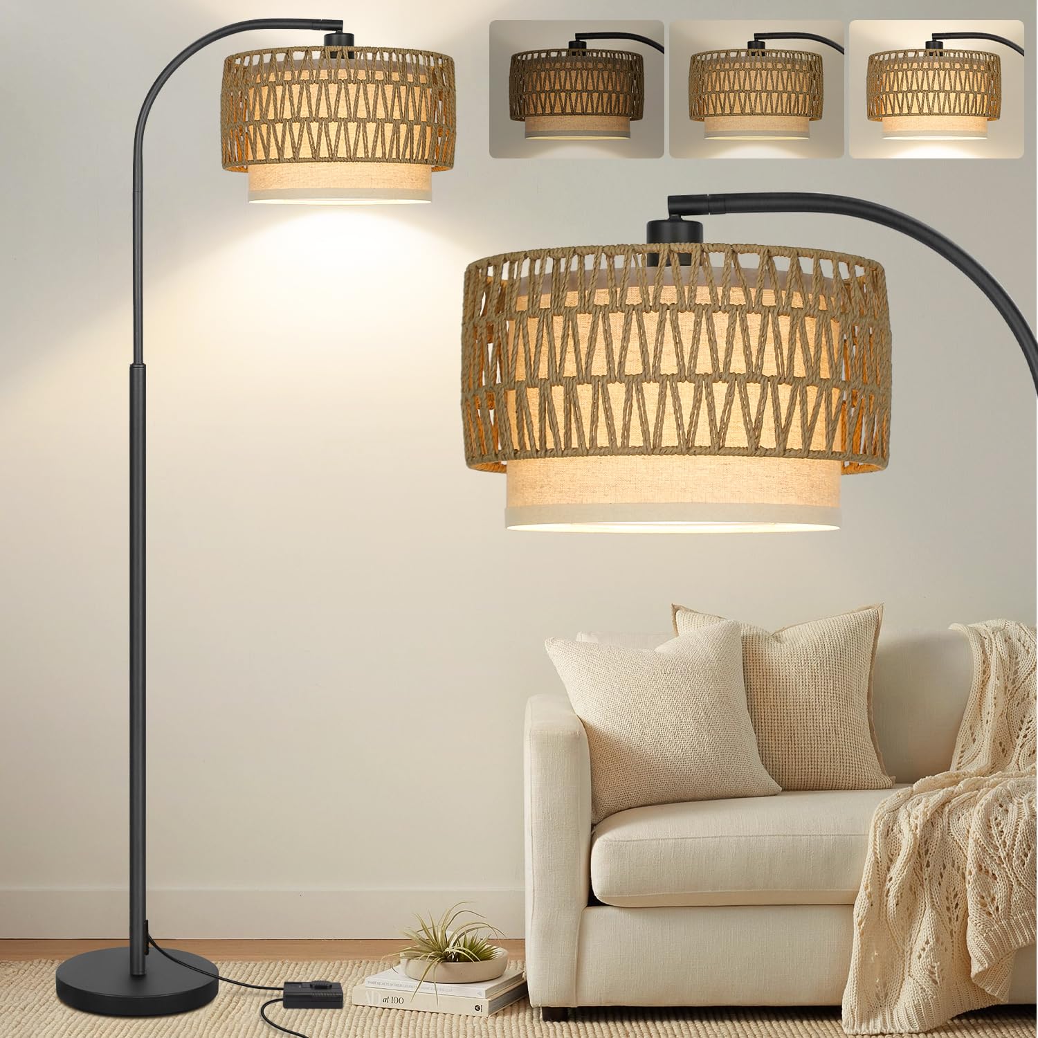 Arc Floor Lamp Black, Boho Floor Lamps for Living Room, Dimmable Standing Tall Lamps with Rattan Fabric Shade, Modern Floor Lamp