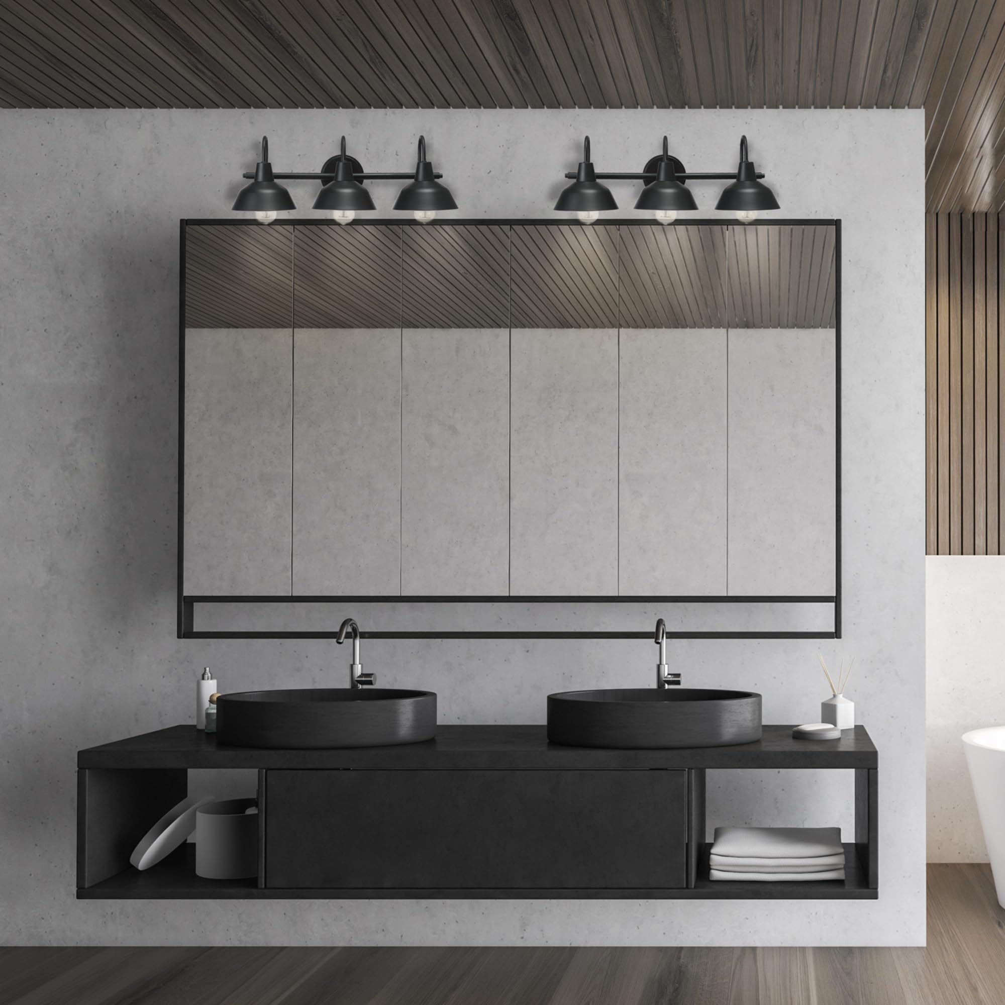 Globe Electric 65554 Barnyard 3-Light Vanity Light, Metal, Matte Black, White Shades