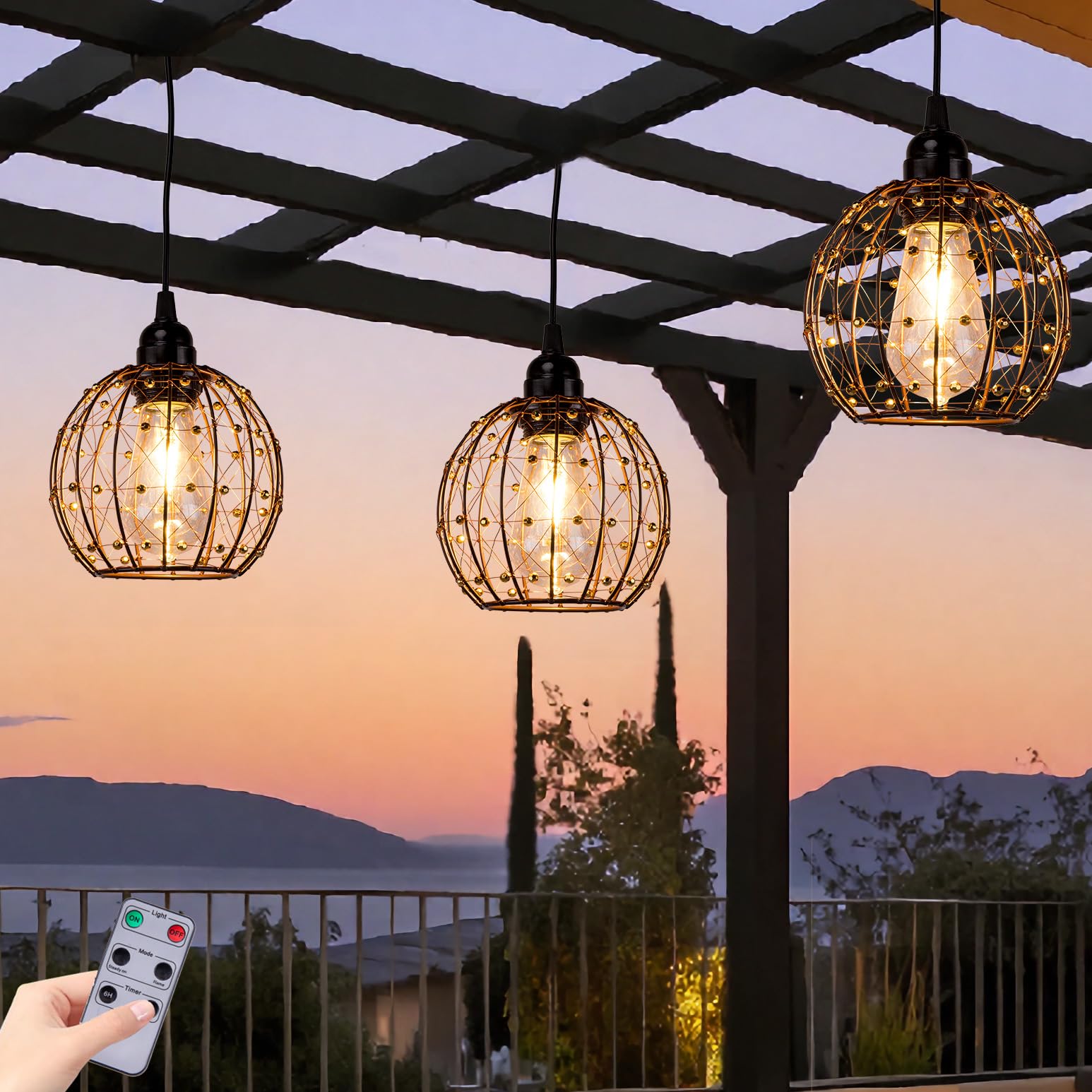 TWINKVILLA Hanging Pendant Lights, Battery Operated Outdoor Chandelier with Warm White LED Bulb for Patio Tree Pergola Gazebo Po