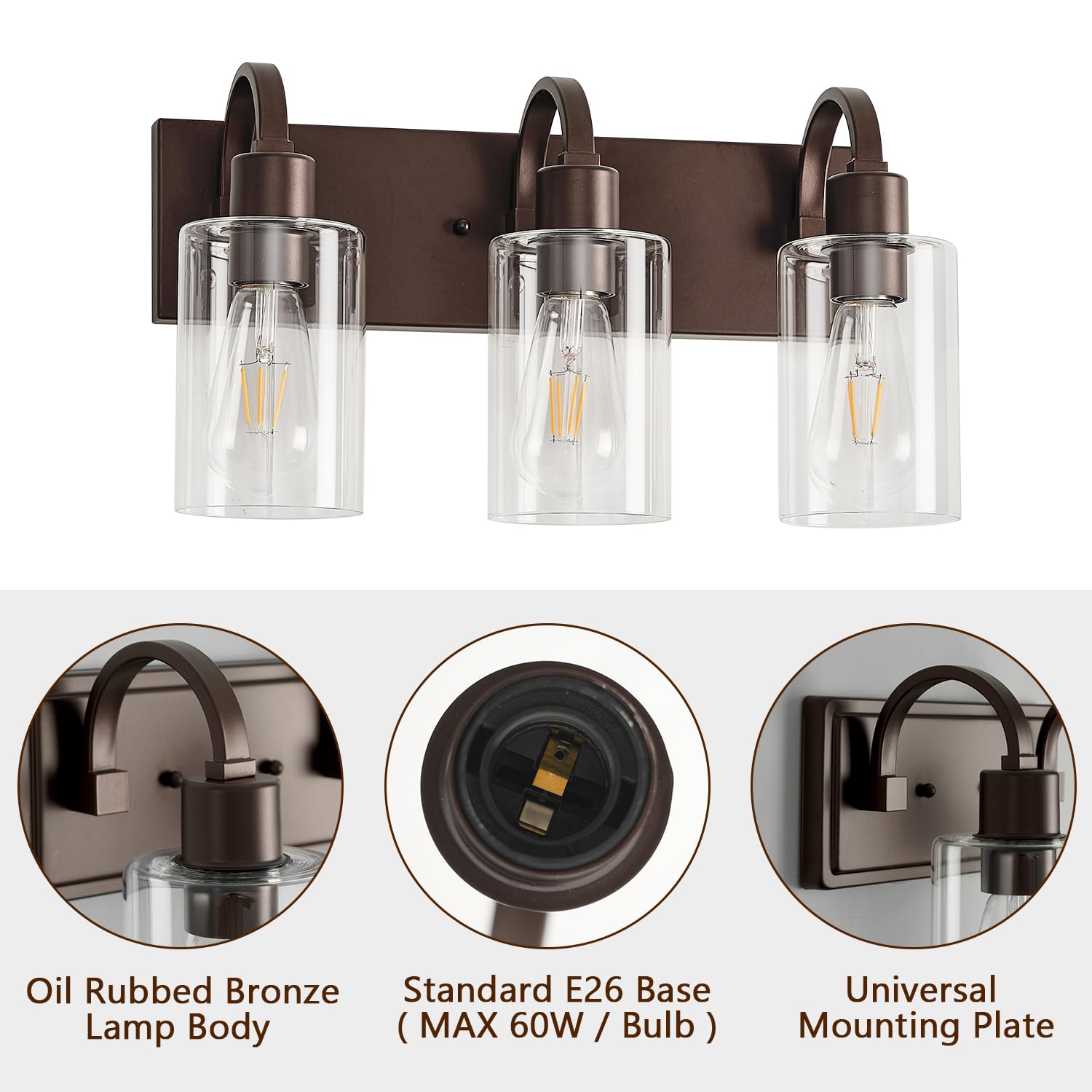 Refice Farmhouse Bathroom Vanity Lights, 3-Light, Oil Rubbed Bronze, Metal, Model FCW001-3-ORB, Clear Glass Shade Wall Sconces